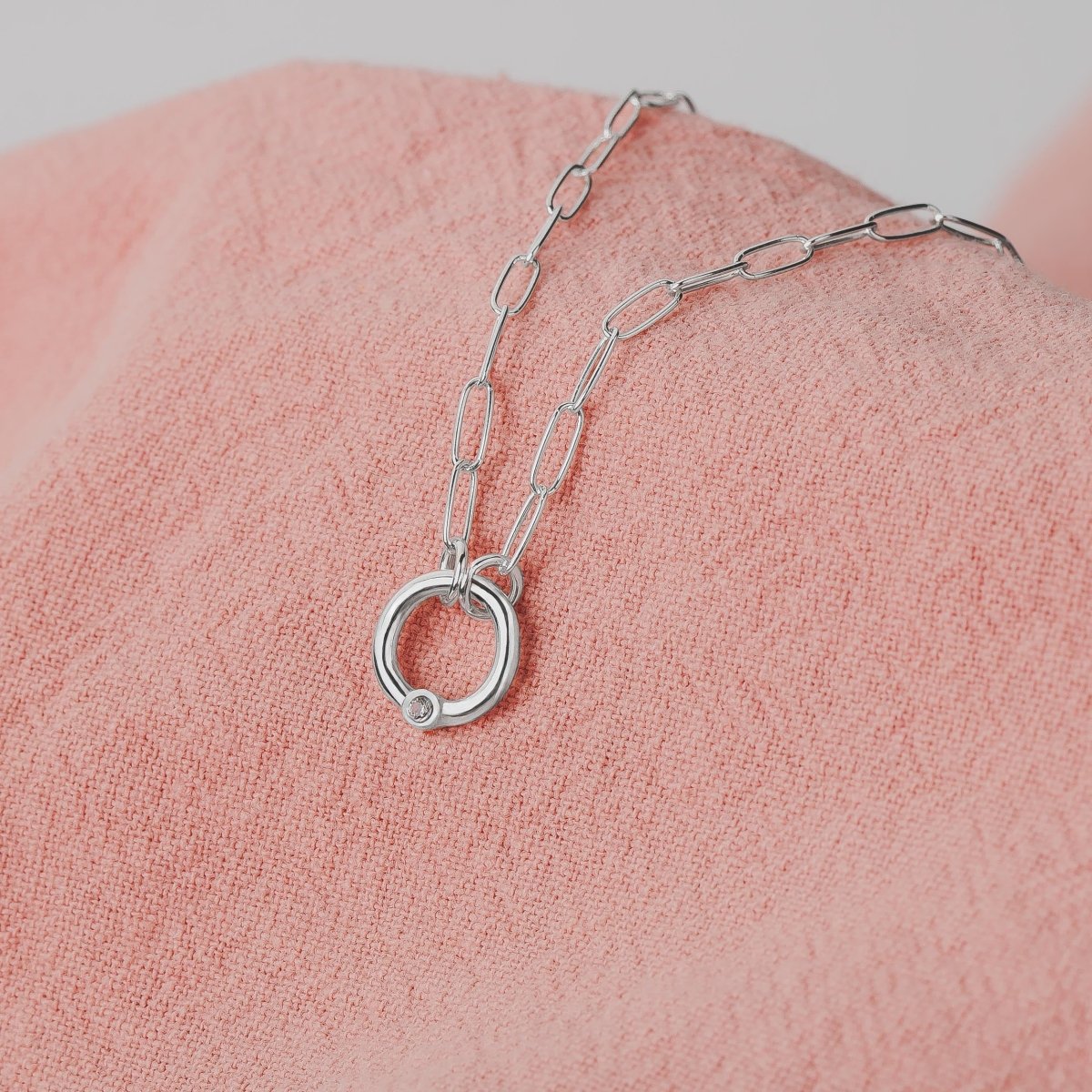 Paperclip Diamond Orbit Necklace | Multiple Diamond Colors, Tiny Round Genuine Diamond Pendant, Wedding Bridal, Anniversary Gift for Her