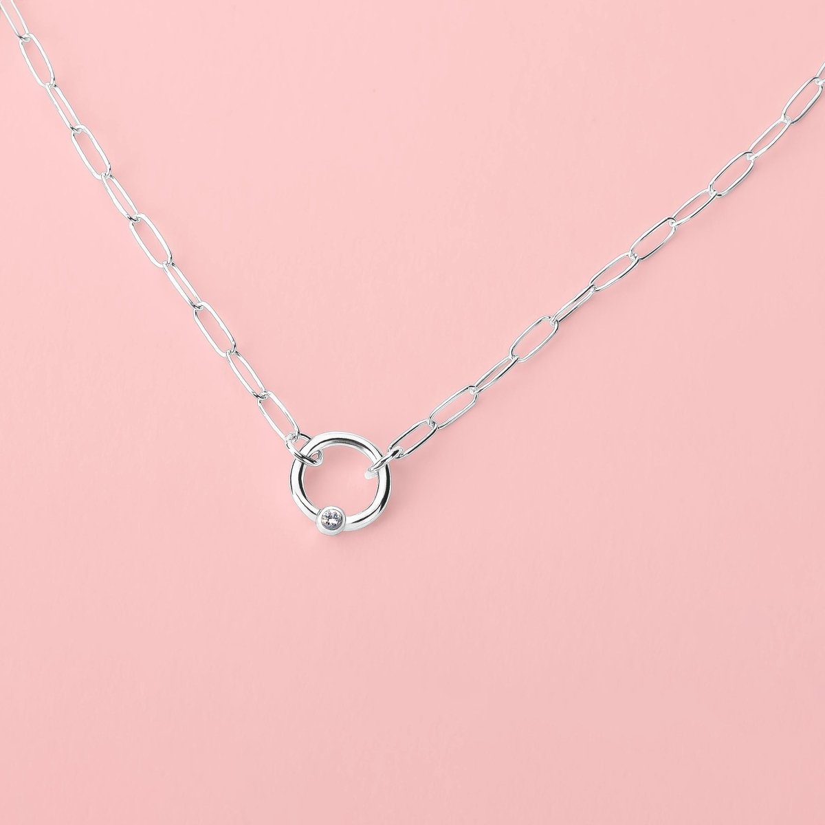 Paperclip Diamond Orbit Necklace | Multiple Diamond Colors, Tiny Round Genuine Diamond Pendant, Wedding Bridal, Anniversary Gift for Her