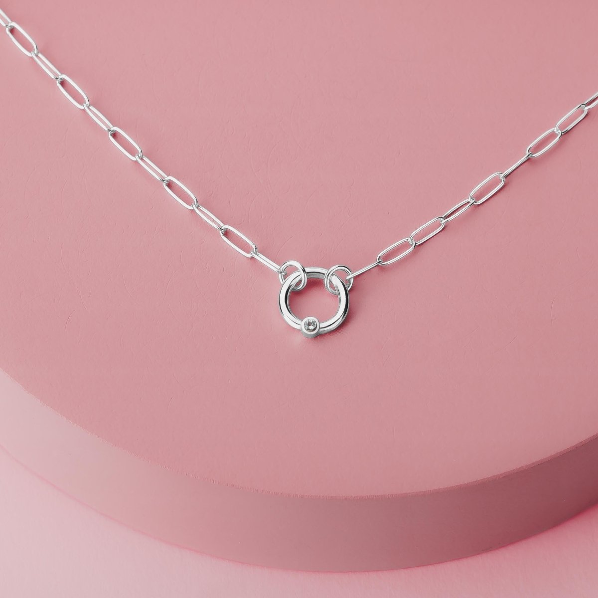 Paperclip Diamond Orbit Necklace | Multiple Diamond Colors, Tiny Round Genuine Diamond Pendant, Wedding Bridal, Anniversary Gift for Her