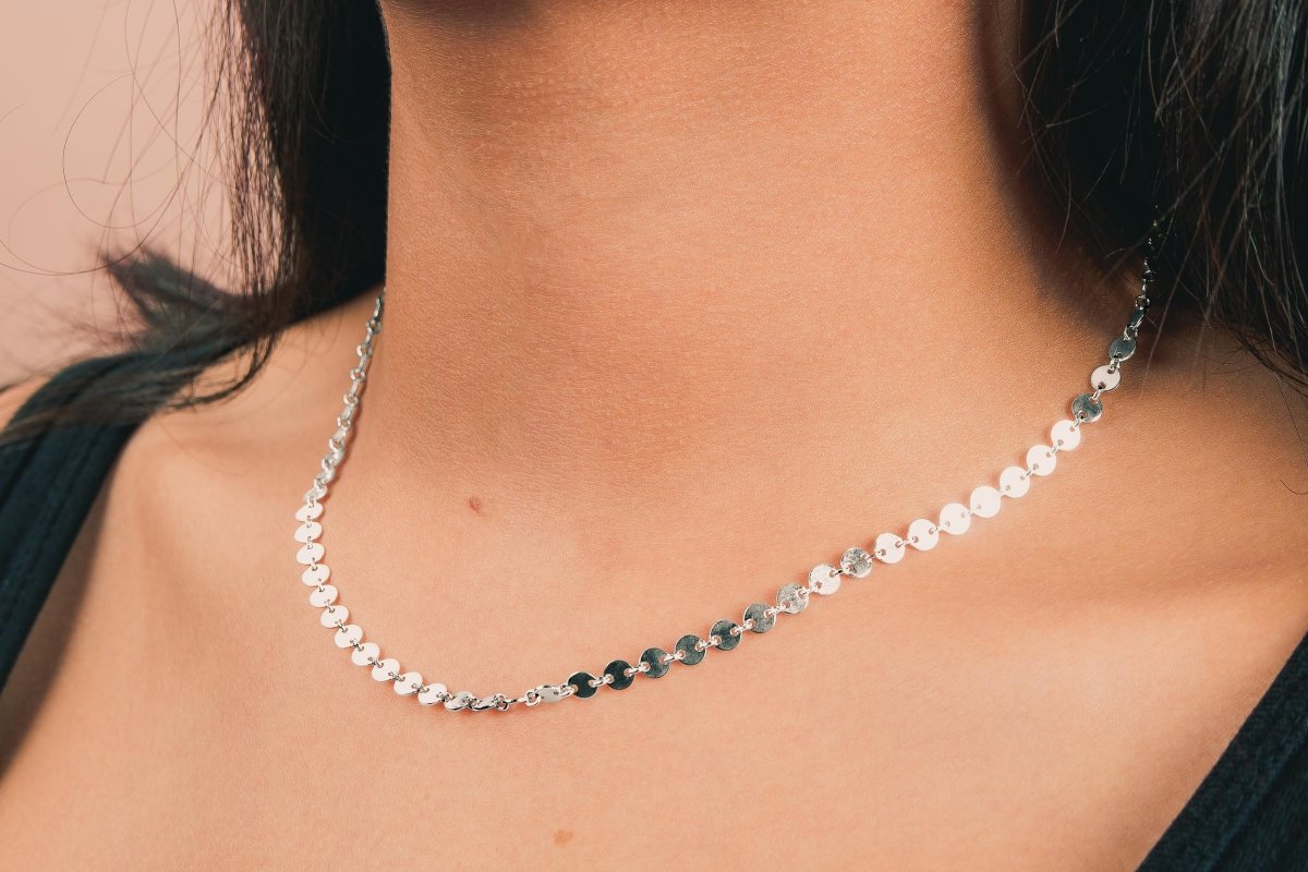 Sequin Chain Necklace | Dainty Delicate Sterling Silver Minimalist Circle Disc Necklace | Perfect for Layering | Simple Everyday Choker