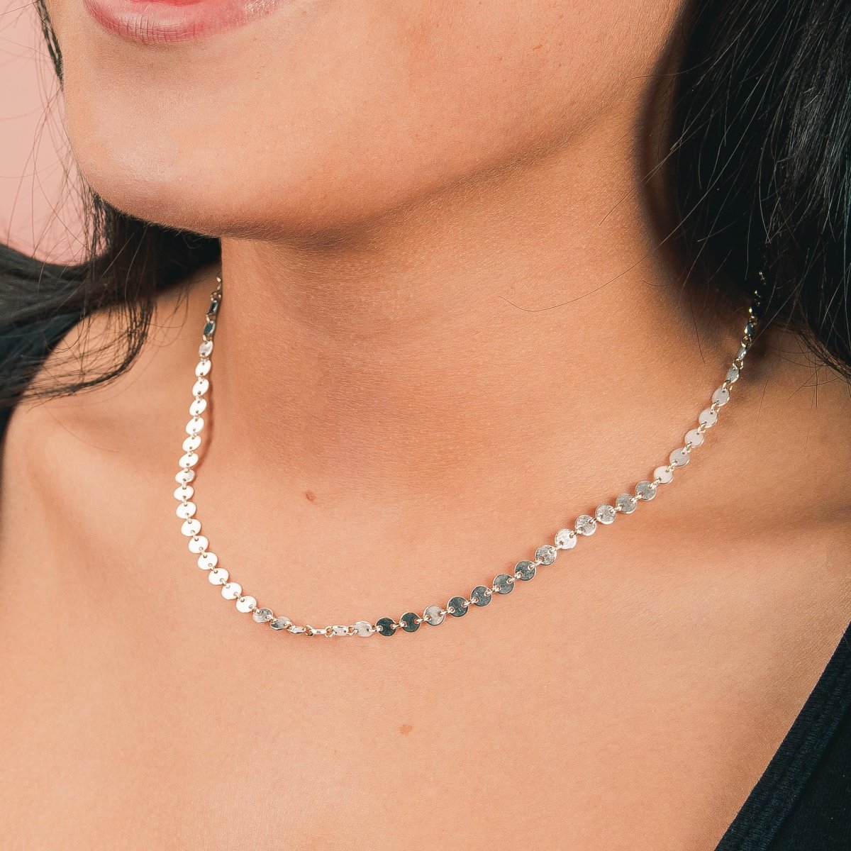 Sequin Chain Necklace | Dainty Delicate Sterling Silver Minimalist Circle Disc Necklace | Perfect for Layering | Simple Everyday Choker