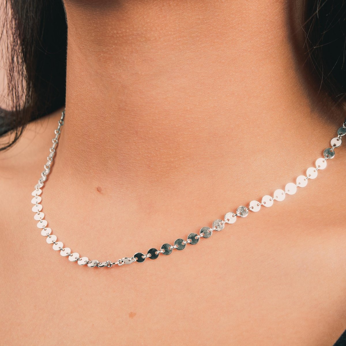 Sequin Chain Necklace | Dainty Delicate Sterling Silver Minimalist Circle Disc Necklace | Perfect for Layering | Simple Everyday Choker