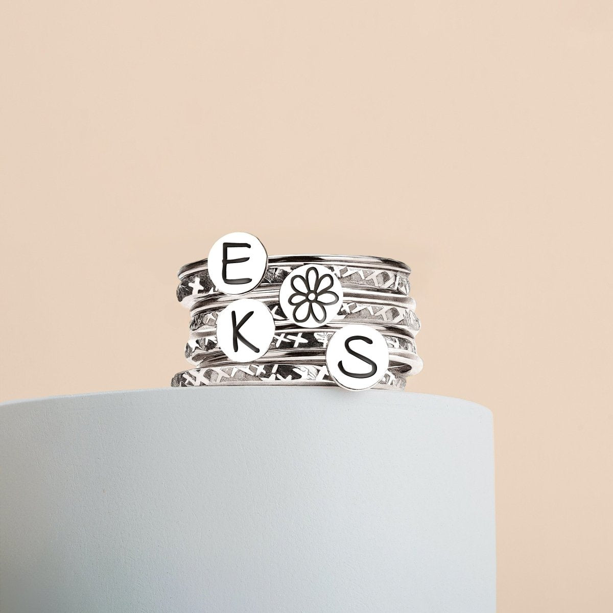 Stackable Initial Rings | 4 Initials, 8 Ring Set