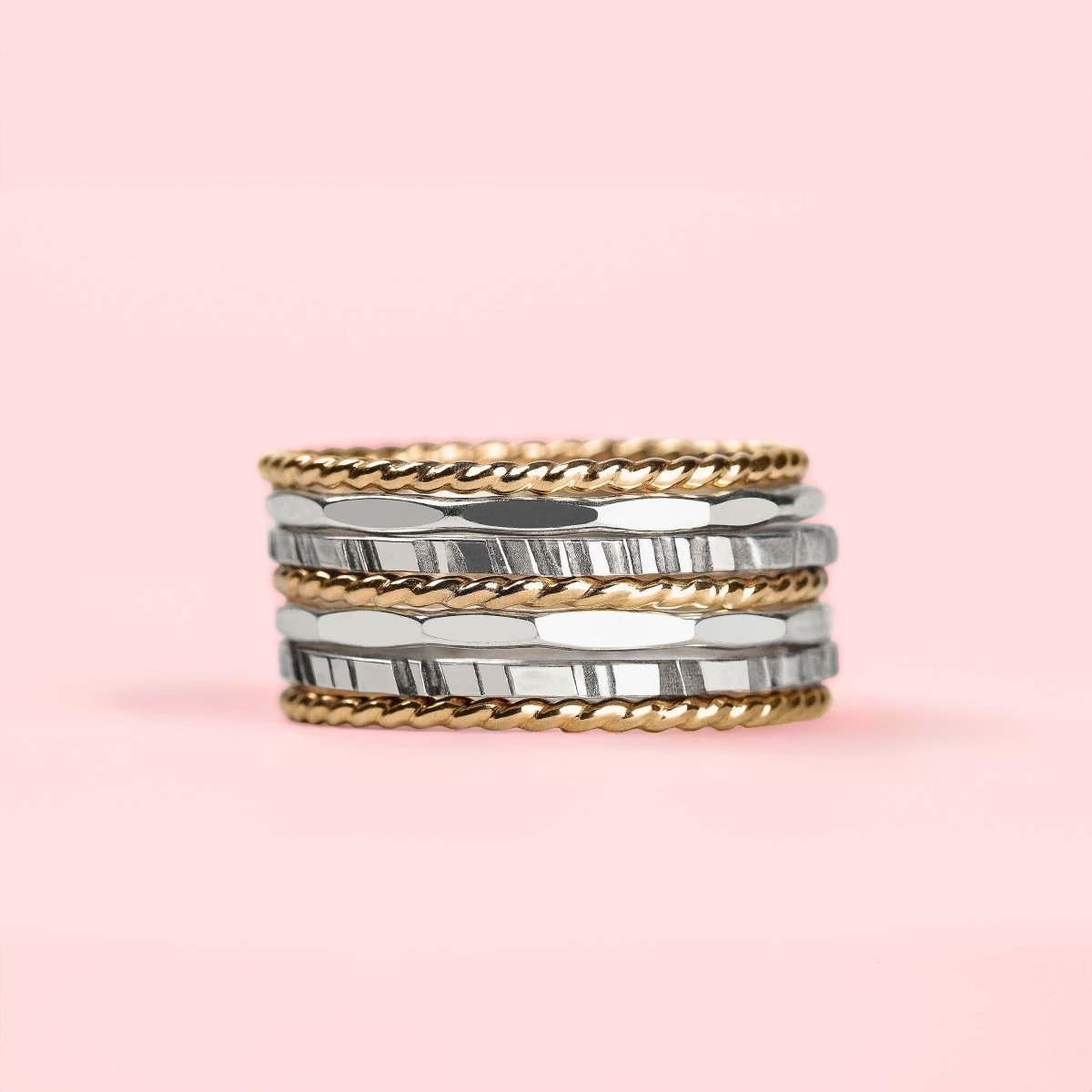 The Hera Stack | Set of 7 Mixed Metal Textured Thin Stacking Rings in Silver and Gold | Comfort Fit | USA Sizes 4-12