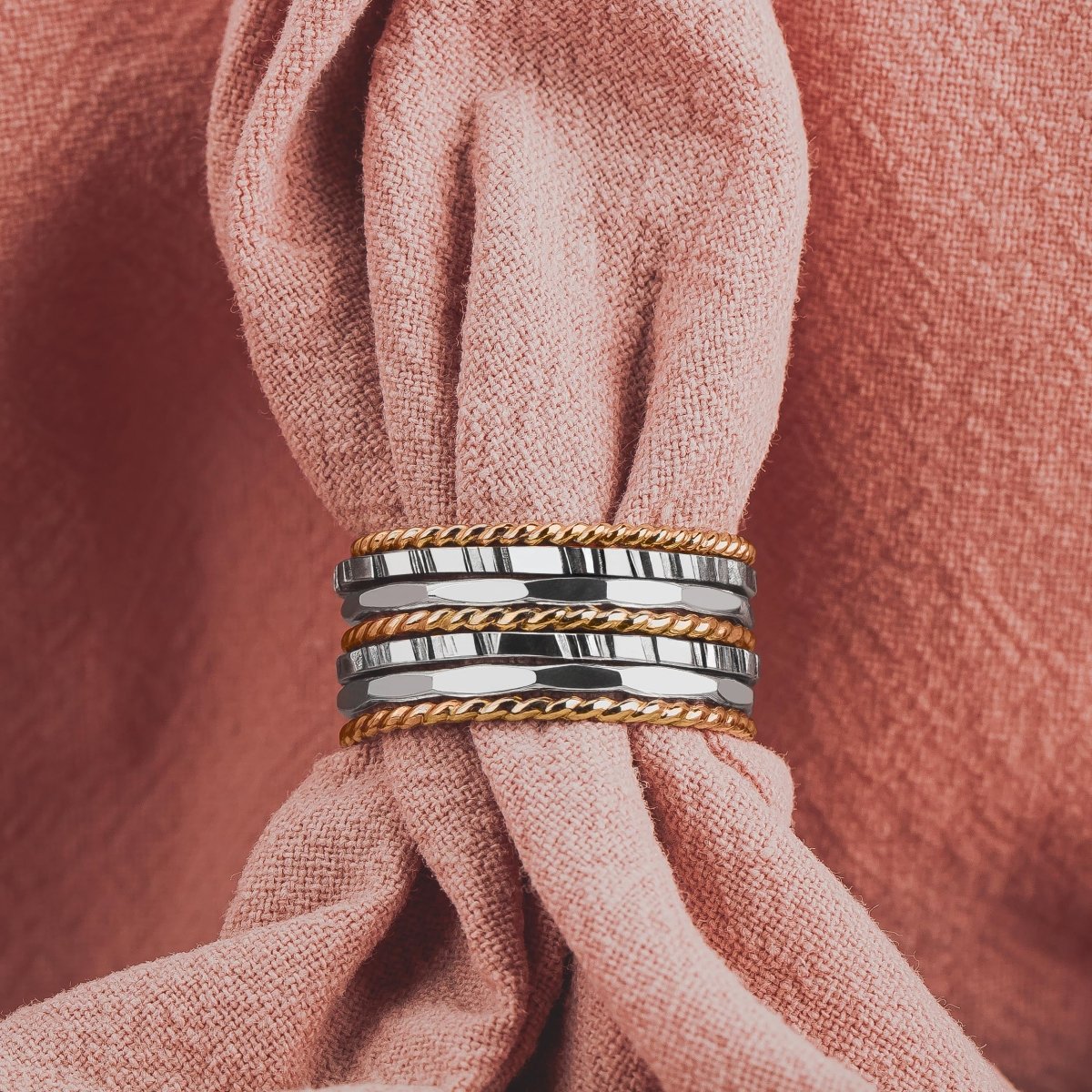The Hera Stack | Set of 7 Mixed Metal Textured Thin Stacking Rings in Silver and Gold | Comfort Fit | USA Sizes 4-12