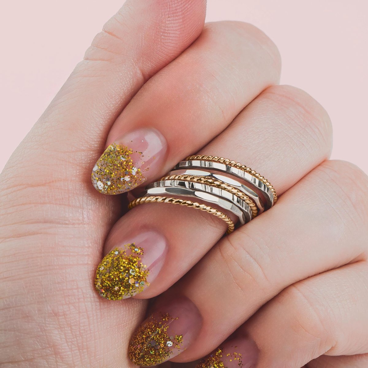 The Hera Stack | Set of 7 Mixed Metal Textured Thin Stacking Rings in Silver and Gold | Comfort Fit | USA Sizes 4-12