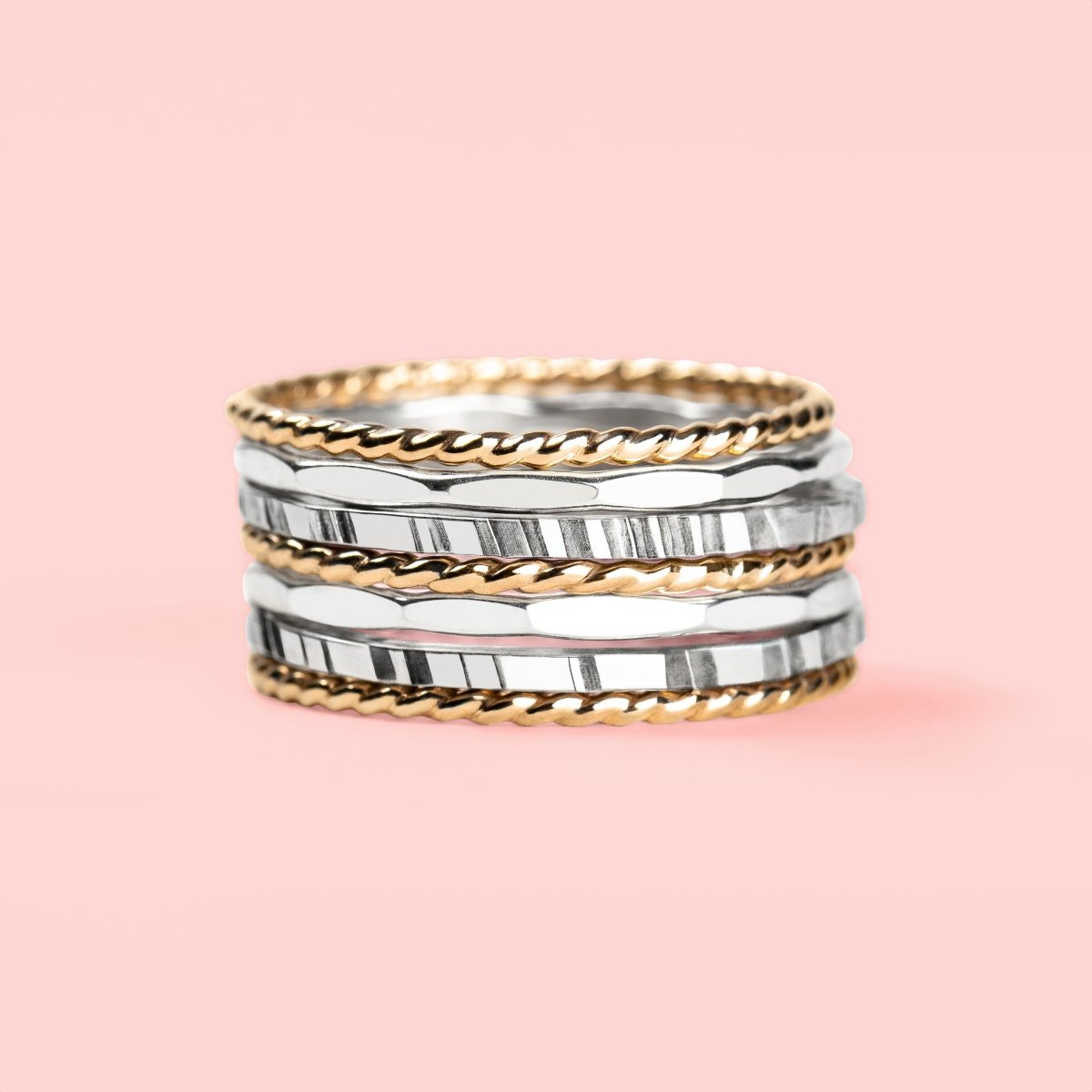 The Hera Stack | Set of 7 Mixed Metal Textured Thin Stacking Rings in Silver and Gold | Comfort Fit | USA Sizes 4-12