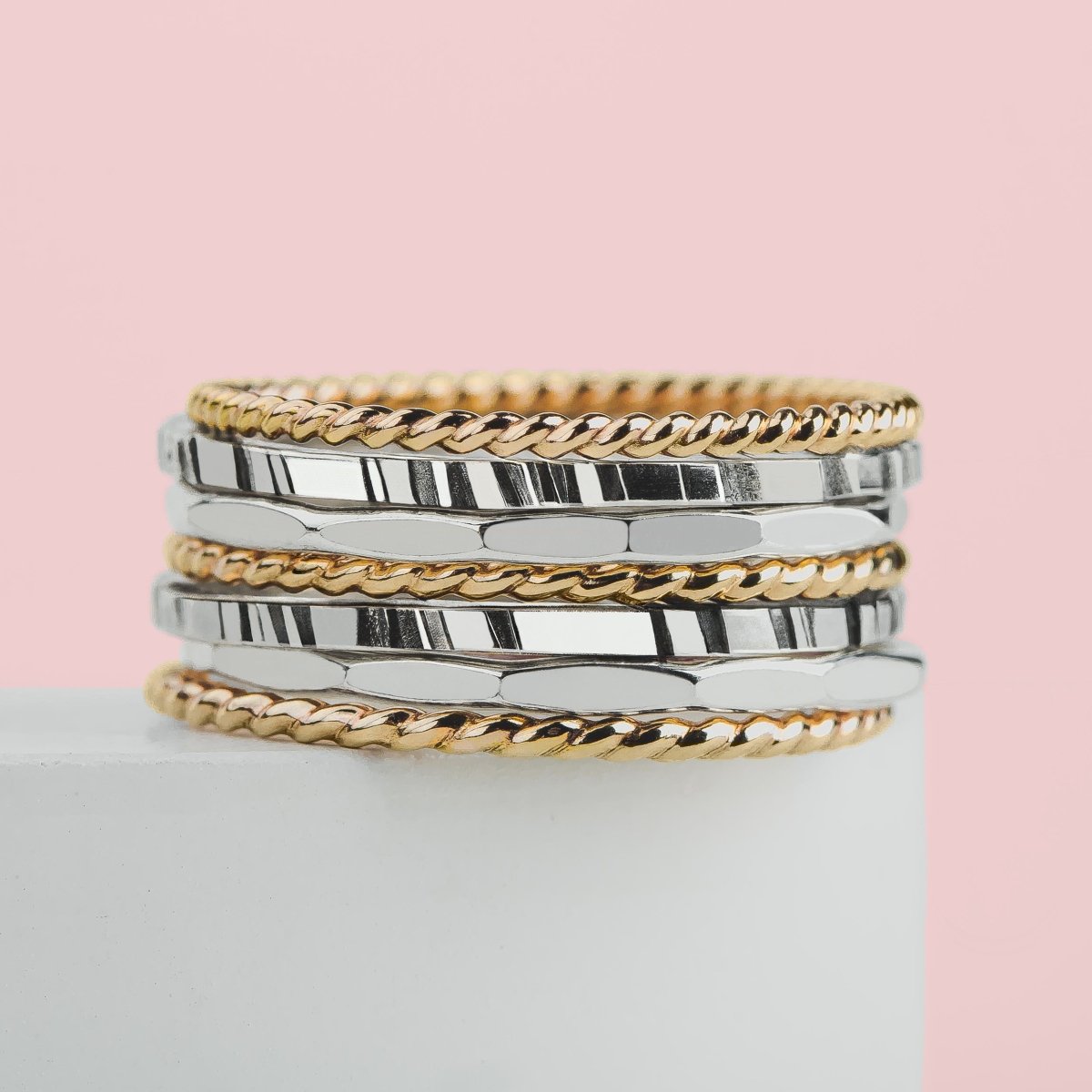 The Hera Stack | Set of 7 Mixed Metal Textured Thin Stacking Rings in Silver and Gold | Comfort Fit | USA Sizes 4-12