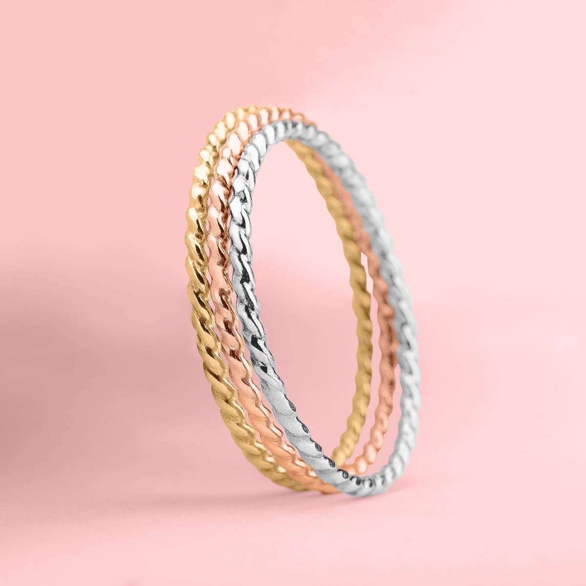 Trio of Braided Rope Stacking Rings | Set of 3 Mixed Metal 1mm Thin Stacking Twist Rings | Silver Gold & Rose Gold | Comfort Fit Sizes 3-12