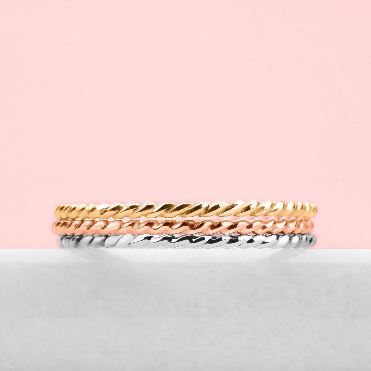 Trio of Braided Rope Stacking Rings | Set of 3 Mixed Metal 1mm Thin Stacking Twist Rings | Silver Gold & Rose Gold | Comfort Fit Sizes 3-12