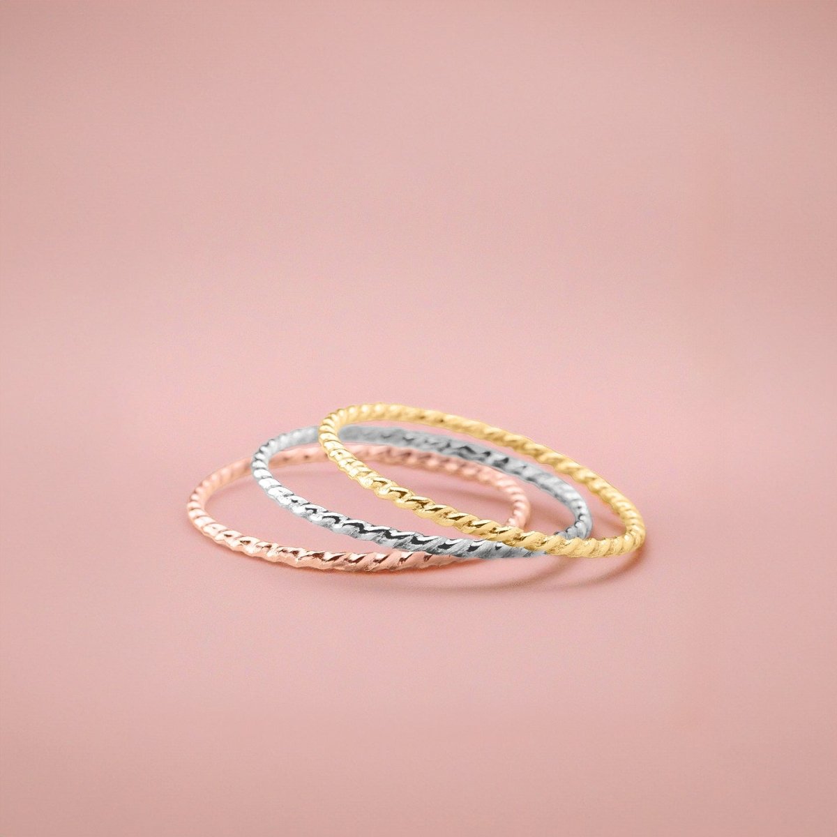 Trio of Braided Rope Stacking Rings | Set of 3 Mixed Metal 1mm Thin Stacking Twist Rings | Silver Gold & Rose Gold | Comfort Fit Sizes 3-12