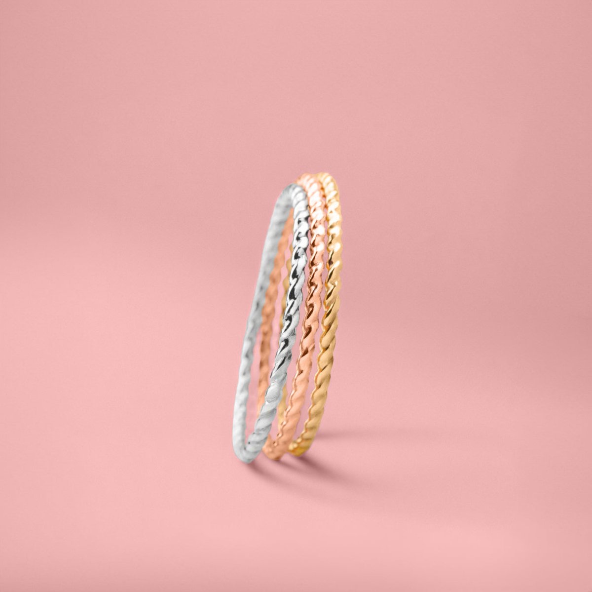 Trio of Braided Rope Stacking Rings | Set of 3 Mixed Metal 1mm Thin Stacking Twist Rings | Silver Gold & Rose Gold | Comfort Fit Sizes 3-12