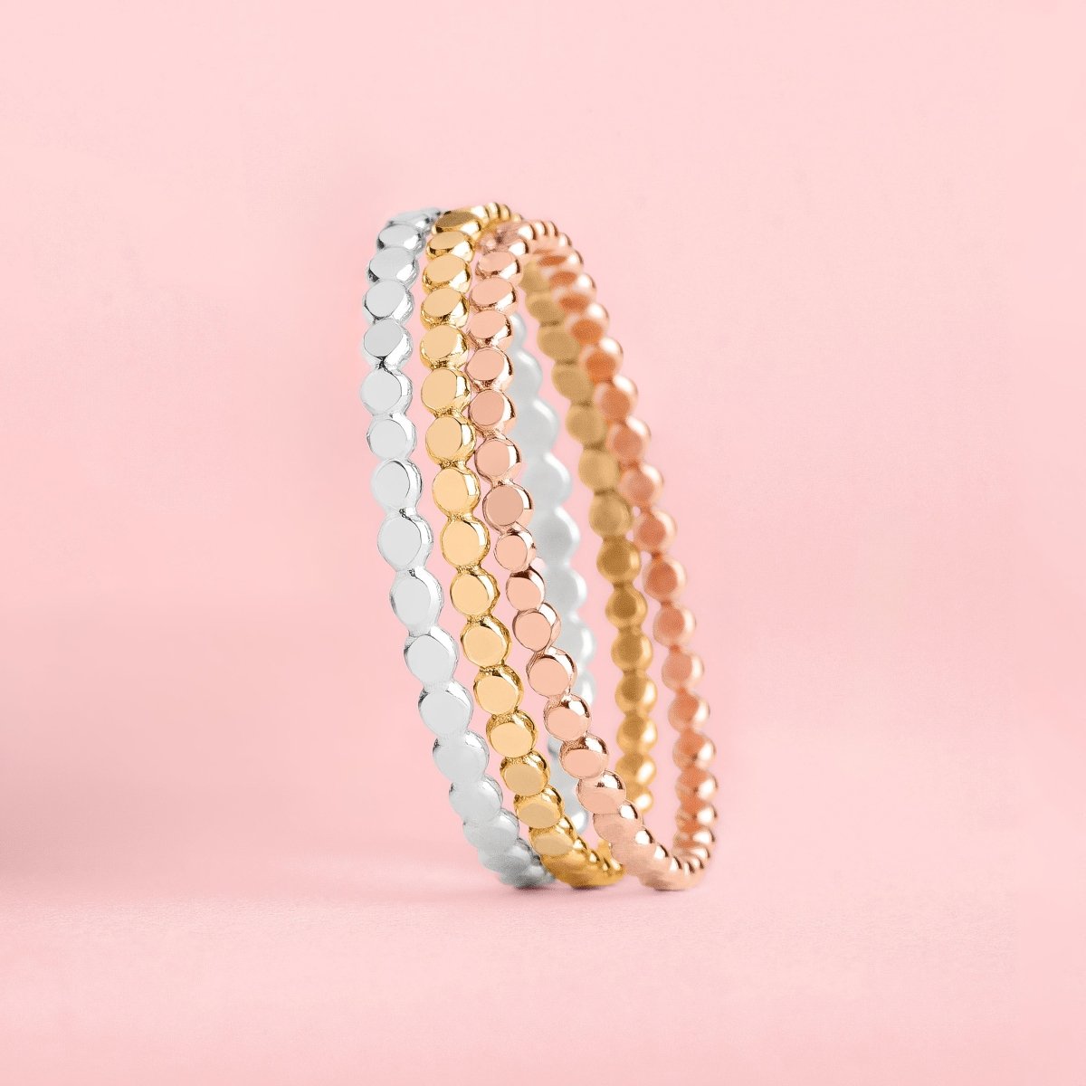 Trio of Glimmer Stacking Rings | Set of 3 Mixed Metal Hammered Dot Dotted Bead Beaded Stack Stackable Dainty Thin Bands | USA Sizes 2-12