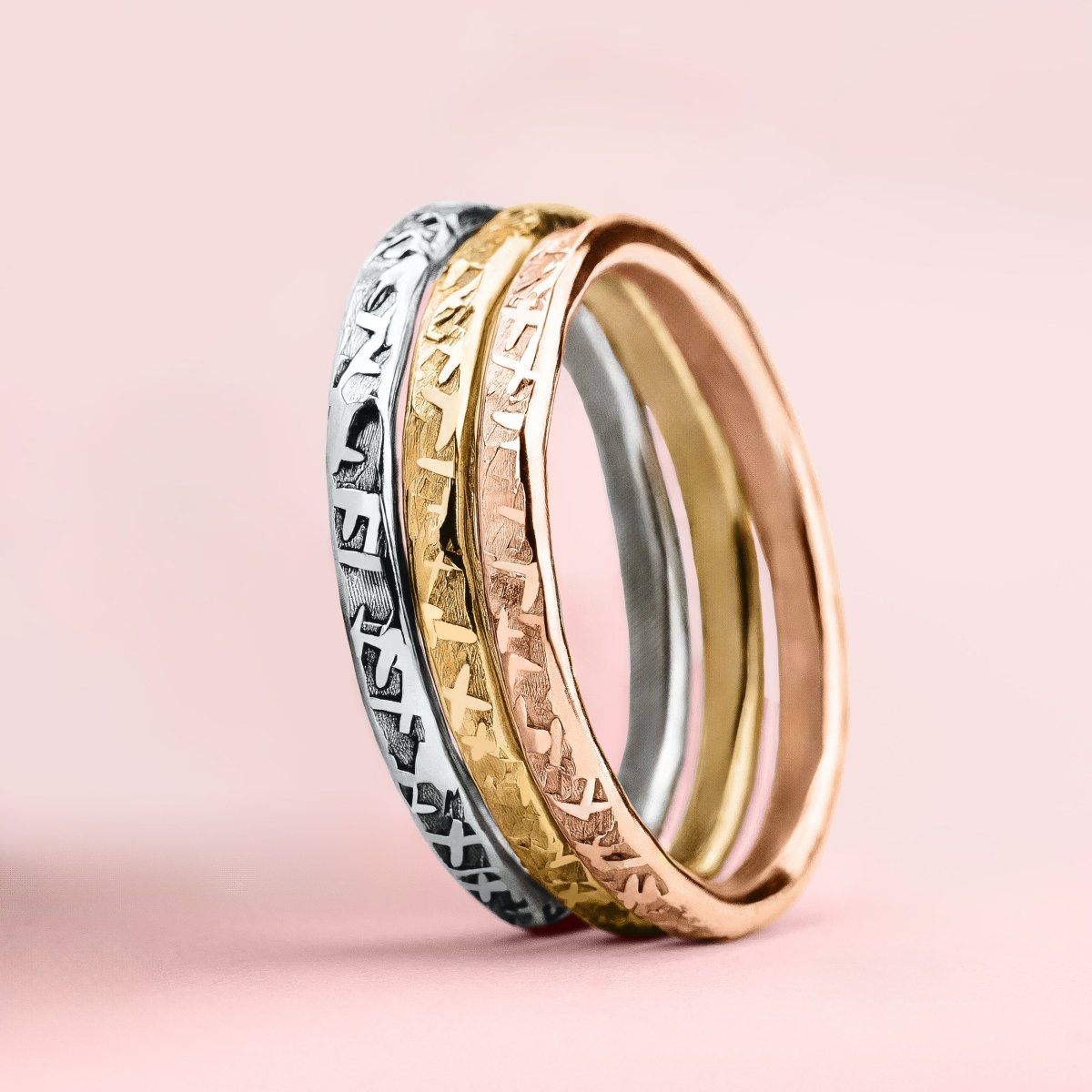 Trio of Raw Silk Stacking Rings | Set of 3 Mixed Metal Stacking Rings | Silver, Gold, and Rose Gold | USA Sizes 4-12