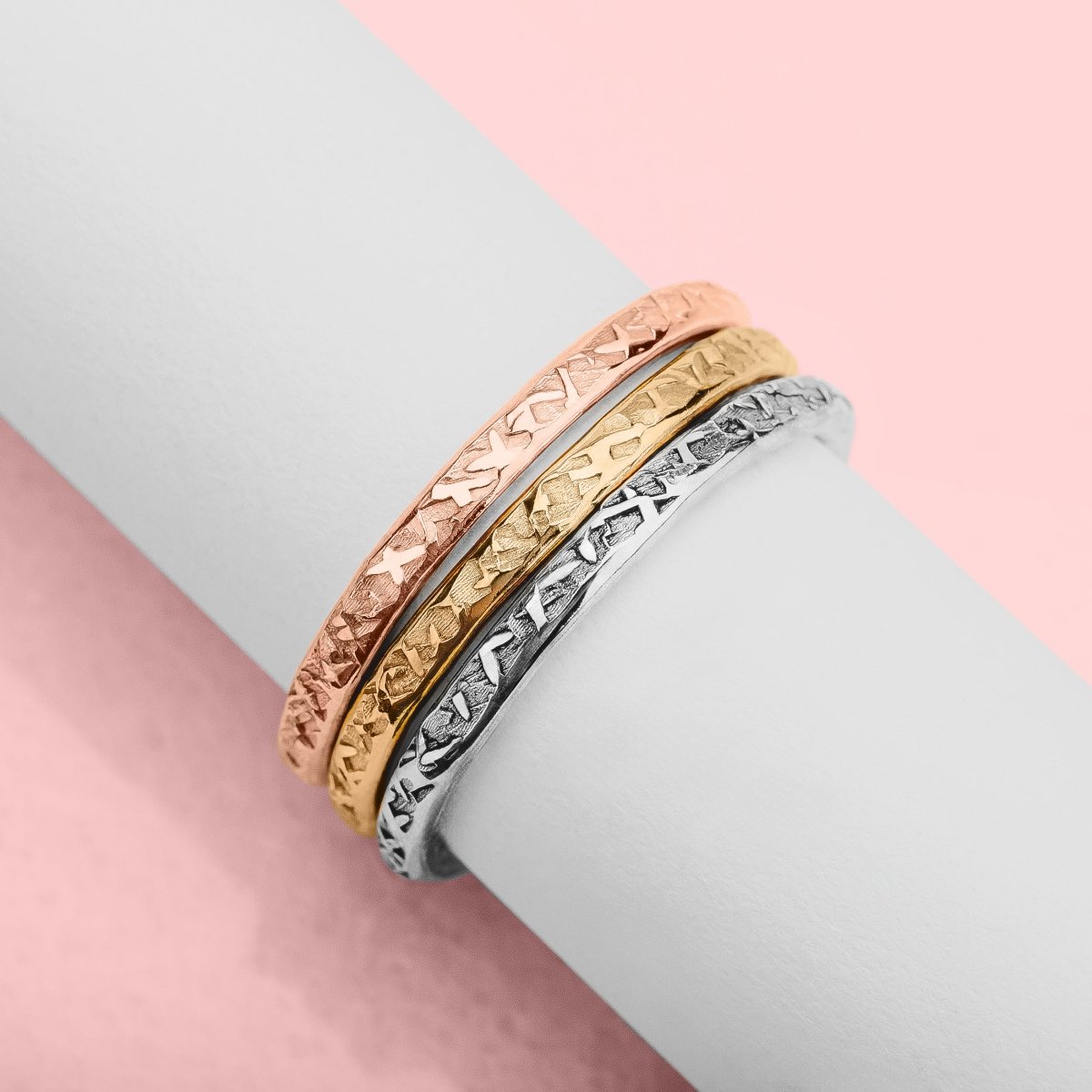 Trio of Raw Silk Stacking Rings | Set of 3 Mixed Metal Stacking Rings | Silver, Gold, and Rose Gold | USA Sizes 4-12