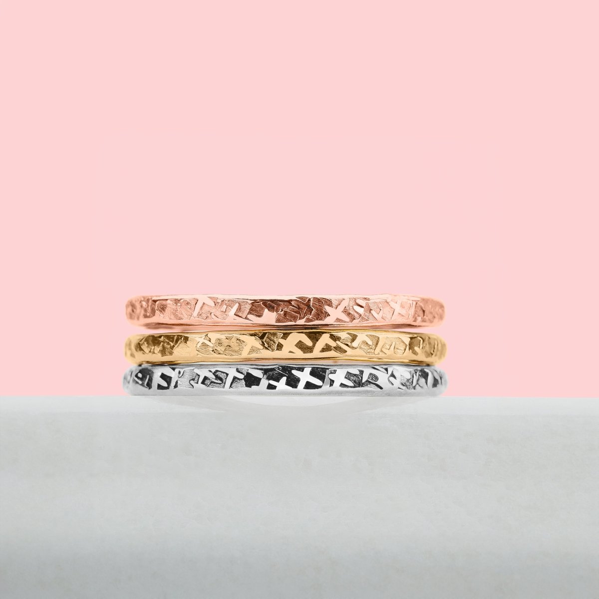 Trio of Raw Silk Stacking Rings | Set of 3 Mixed Metal Stacking Rings | Silver, Gold, and Rose Gold | USA Sizes 4-12