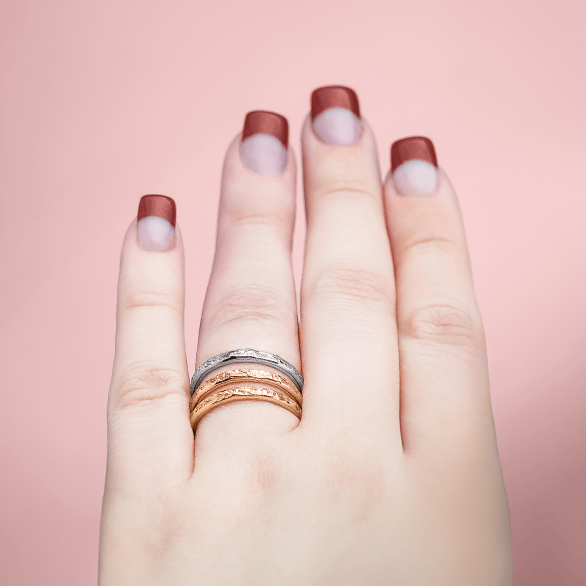 Trio of Raw Silk Stacking Rings | Set of 3 Mixed Metal Stacking Rings | Silver, Gold, and Rose Gold | USA Sizes 4-12