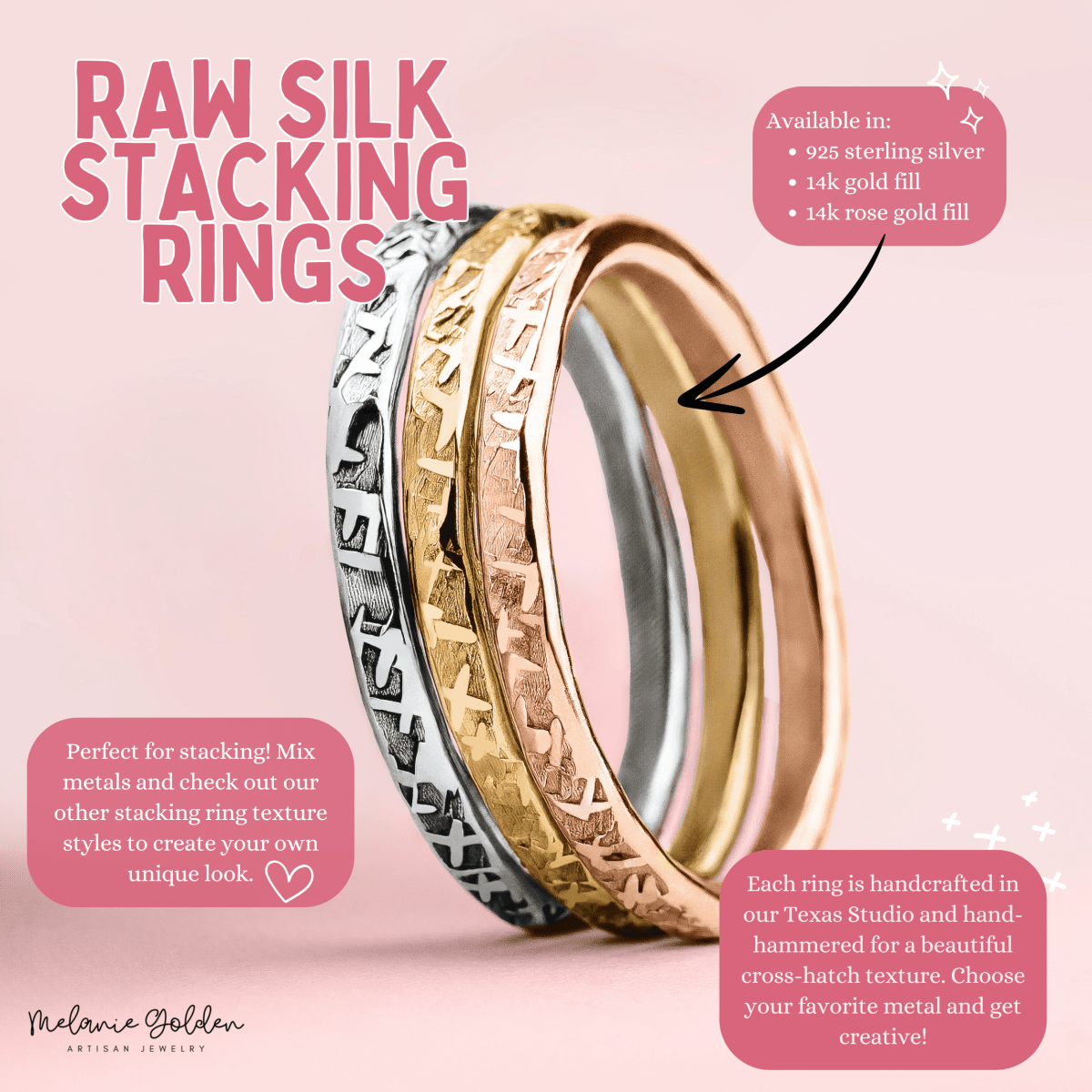 Trio of Raw Silk Stacking Rings | Set of 3 Mixed Metal Stacking Rings | Silver, Gold, and Rose Gold | USA Sizes 4-12