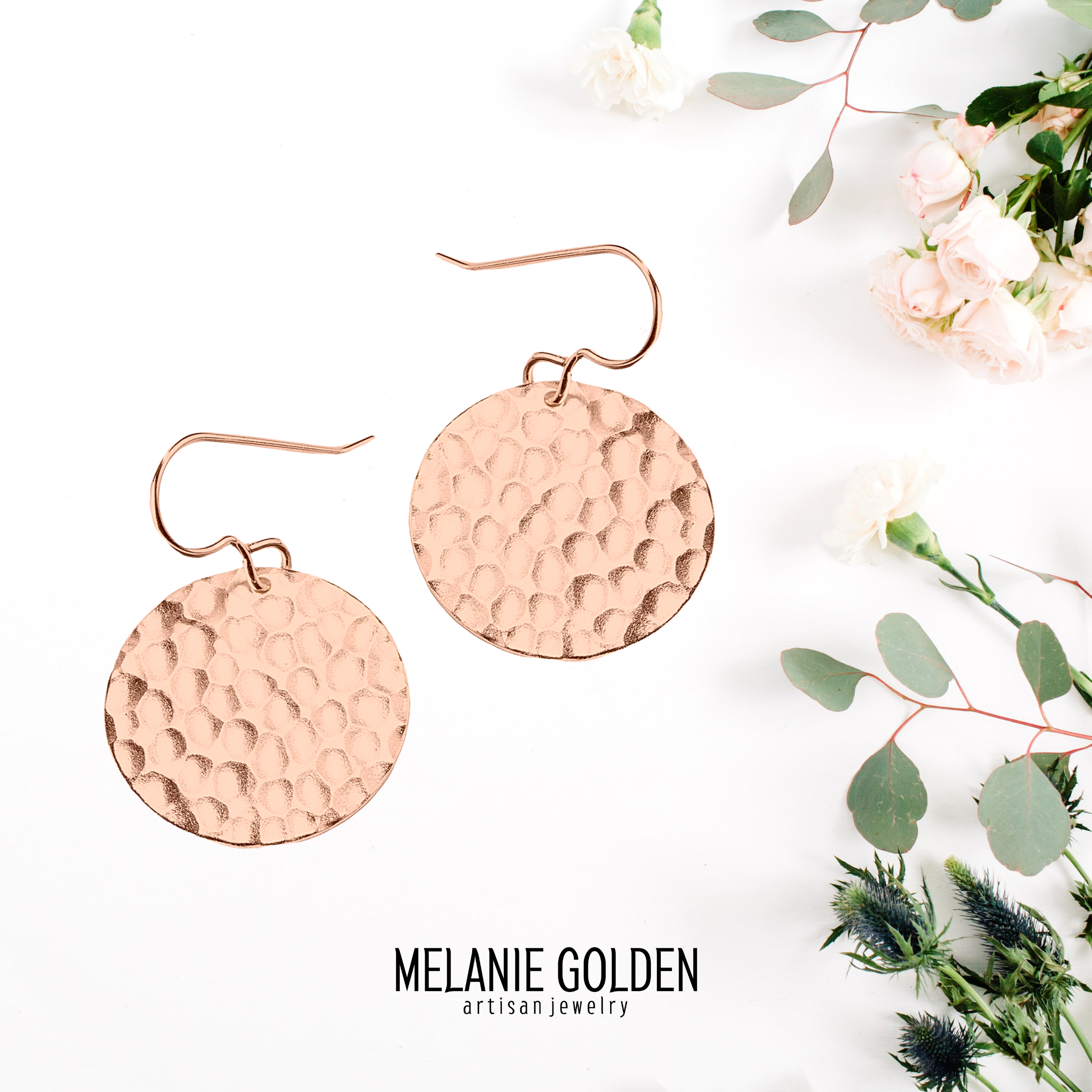 Rose Gold Hammered Disc Dangle Earrings - Melanie Golden Jewelry - dangle earrings, earrings, everyday essentials