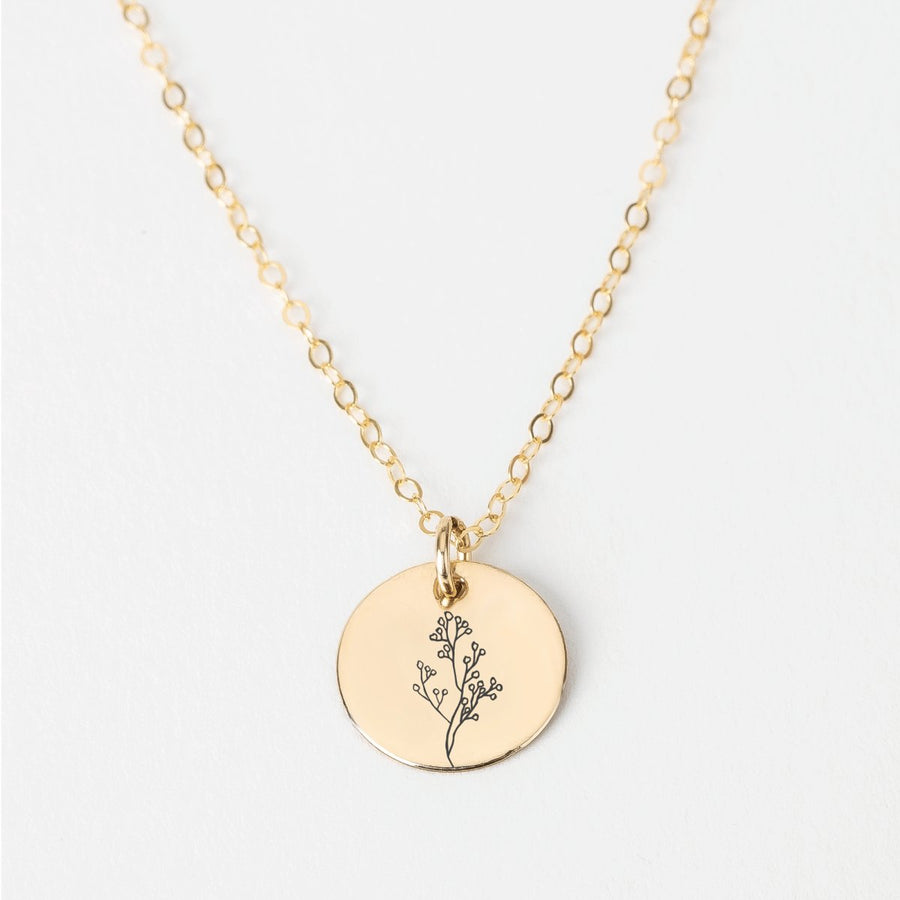 Baby's Breath Flowers Disc Necklace - Melanie Golden Jewelry - _badge_BESTSELLER, bestseller, bridesmaid, disc necklaces, Engraved Jewelry, everyday, flora, love, minimal minimal necklace, minimal necklace, motherhood, necklace, necklaces, VALENTINES, wedding, wedding party