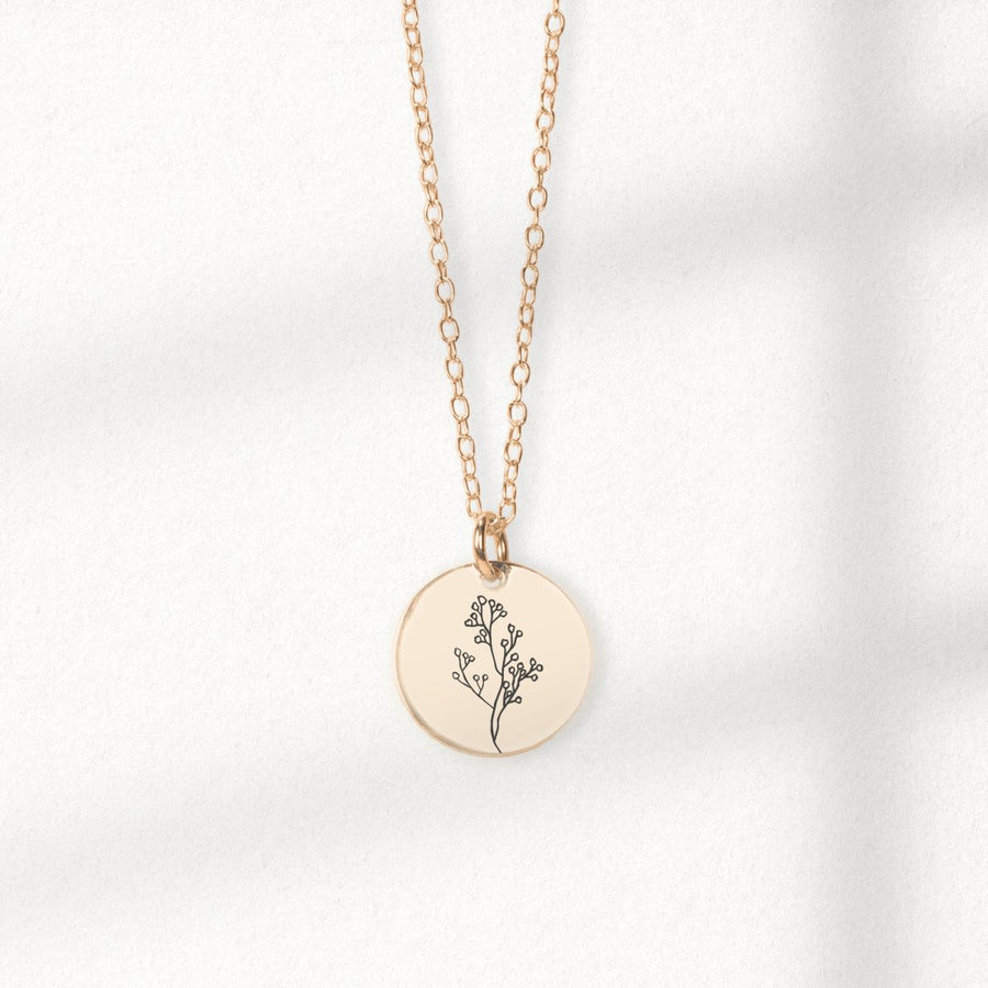 Baby's Breath Flowers Disc Necklace - Melanie Golden Jewelry - _badge_BESTSELLER, bestseller, bridesmaid, disc necklaces, Engraved Jewelry, everyday, flora, love, minimal minimal necklace, minimal necklace, motherhood, necklace, necklaces, VALENTINES, wedding, wedding party