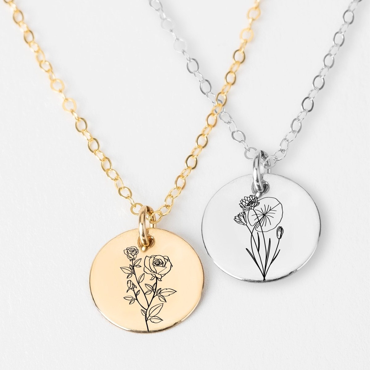 Birth Flower Disc Necklace - Melanie Golden Jewelry - _badge_new, birth month, bridal party, disc necklaces, engraved, flora, love, motherhood, necklace, new, pendant necklace, personalized, wedding