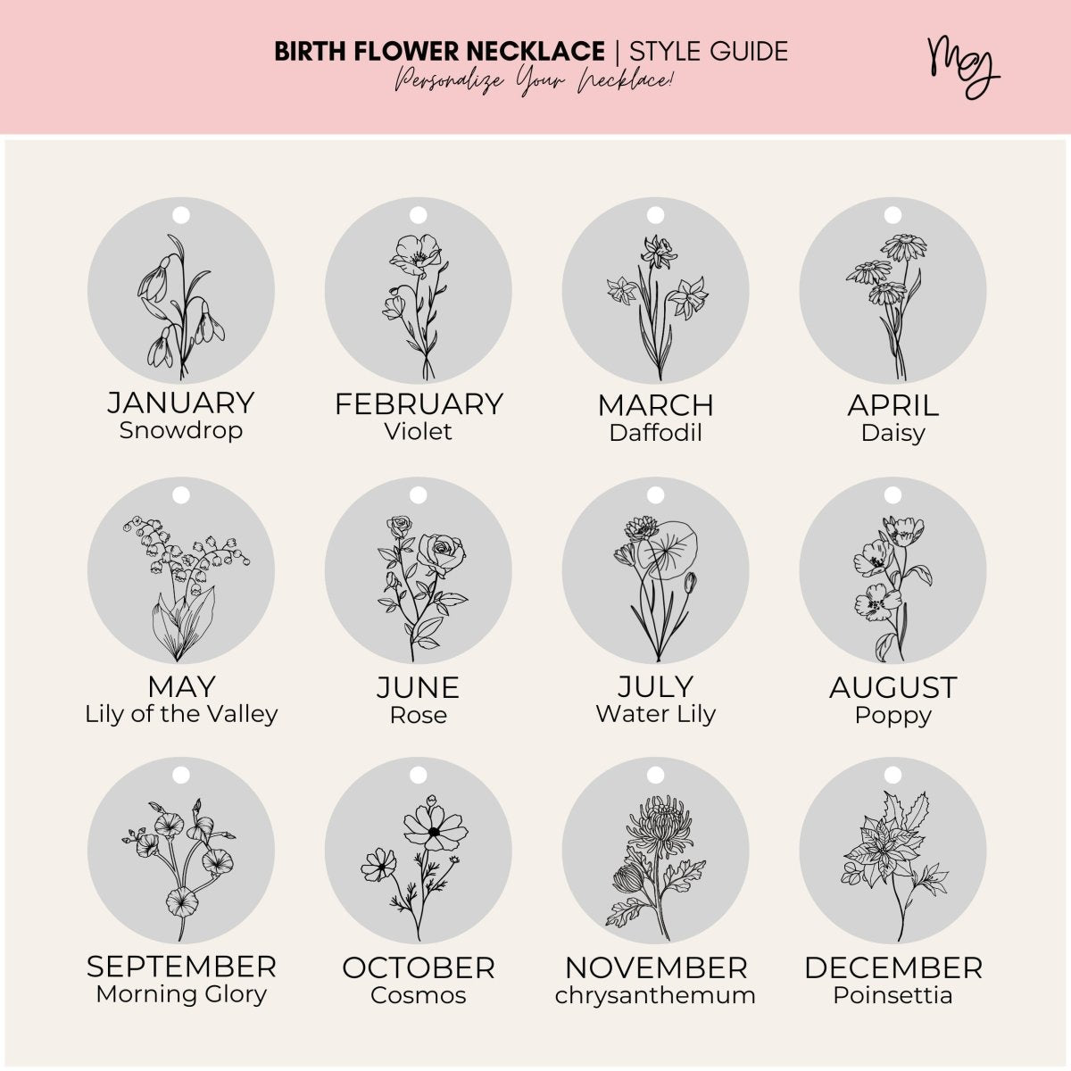 Birth Flower Disc Necklace - Melanie Golden Jewelry - _badge_new, birth month, bridal party, disc necklaces, engraved, flora, love, motherhood, necklace, new, pendant necklace, personalized, wedding