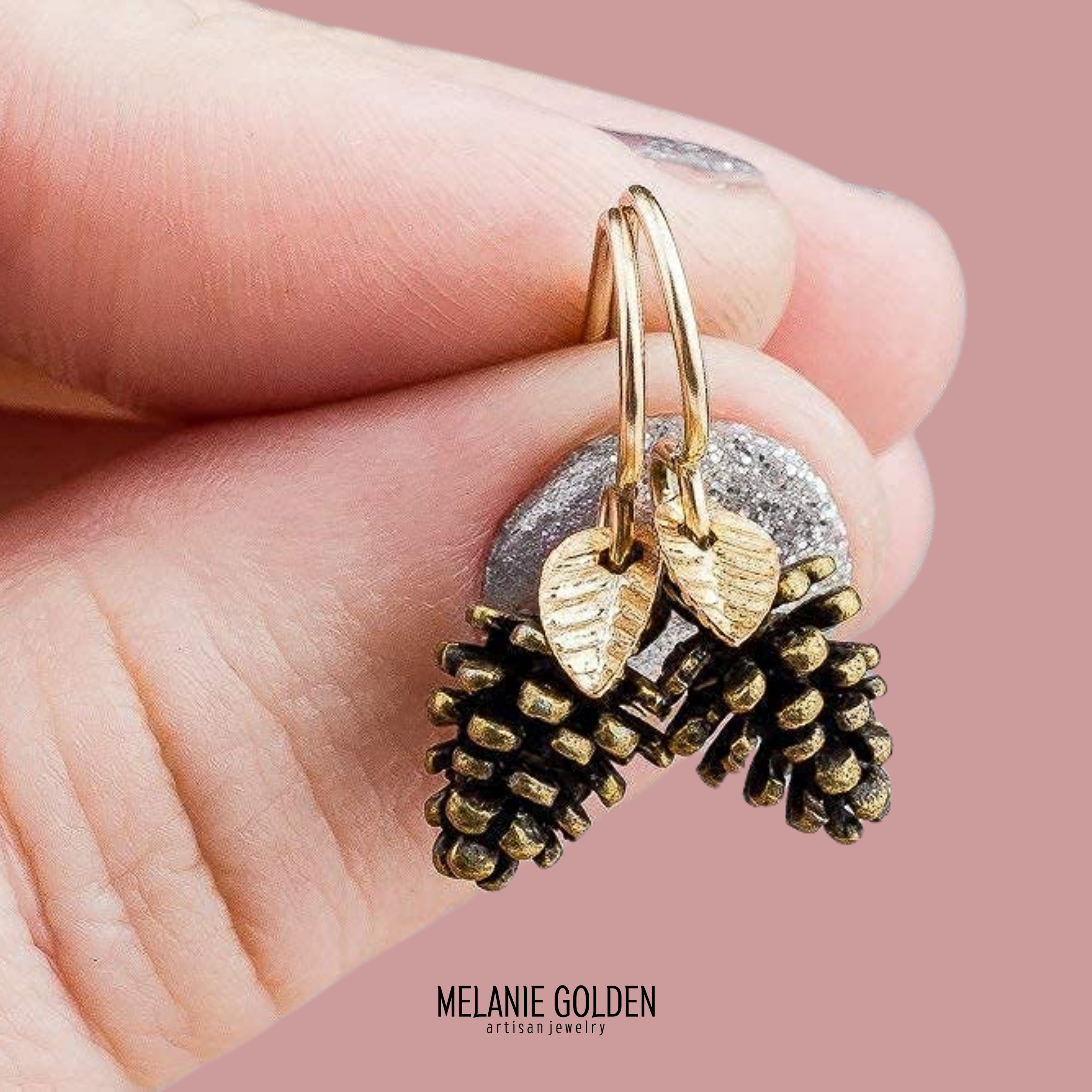 Pinecone Earrings With Leaves - Melanie Golden Jewelry - christmas, christmas jewelry, dangle earrings, drop earrings, earrings, halloween, halloween jewelry, thanksgiving, thanksgiving jewelry