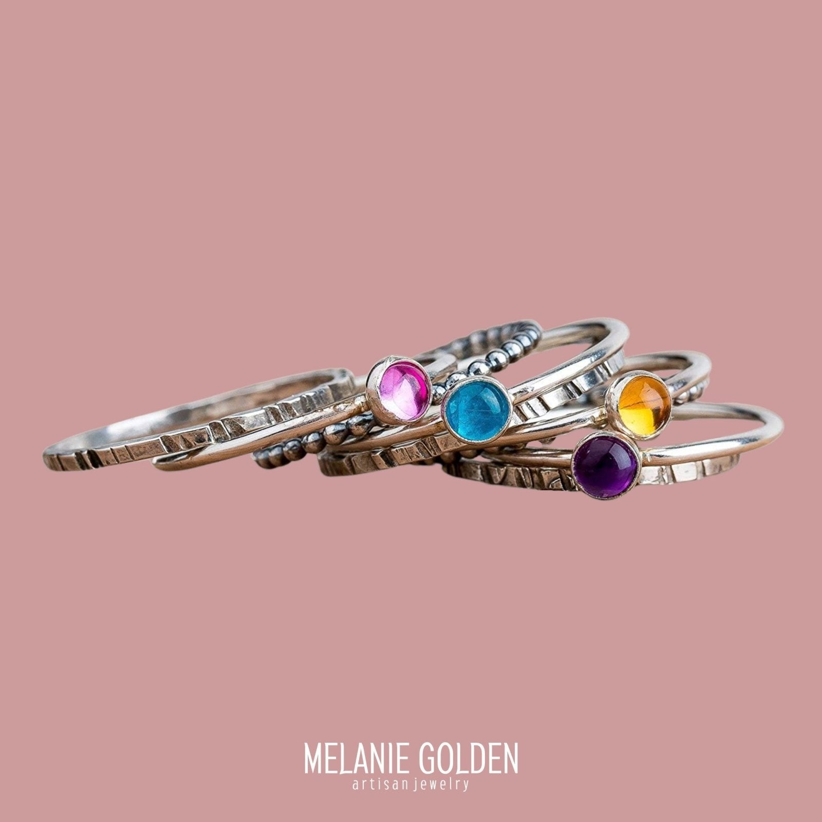 Colorful Stacking Gemstone Rings Set Of 9 - Melanie Golden Jewelry - rings, stacking rings