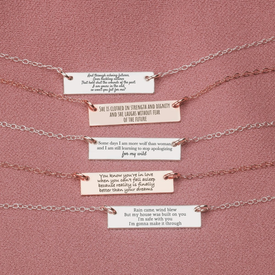 Custom Quote Bar Necklace - Melanie Golden Jewelry - _badge_BESTSELLER, bar necklaces, bestseller, Engraved Jewelry, motherhood, necklace, personalized, personalized necklace, VALENTINES