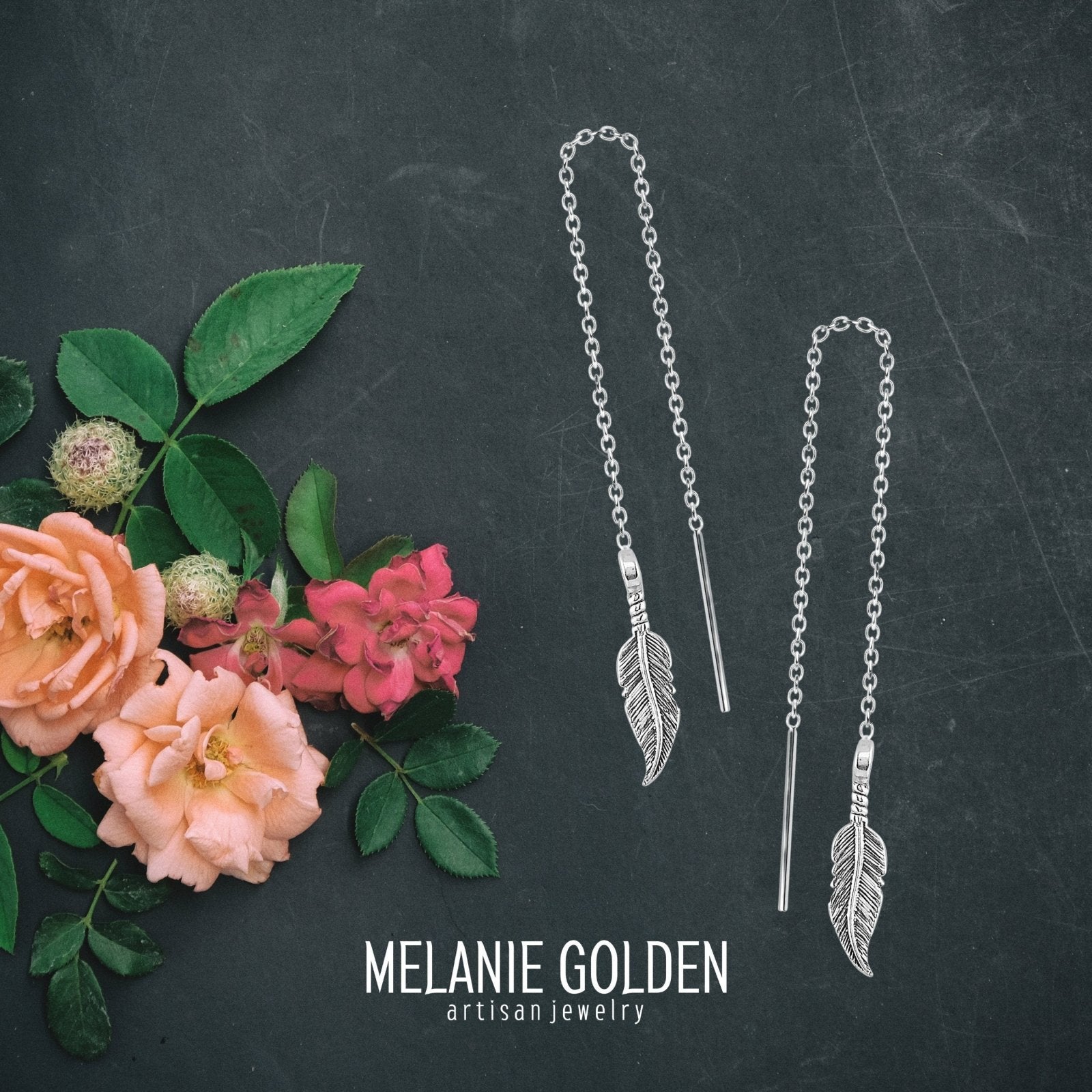 Feather Threader Chain Earrings - Melanie Golden Jewelry - dangle earrings, earrings, fauna, threader, threader earrings