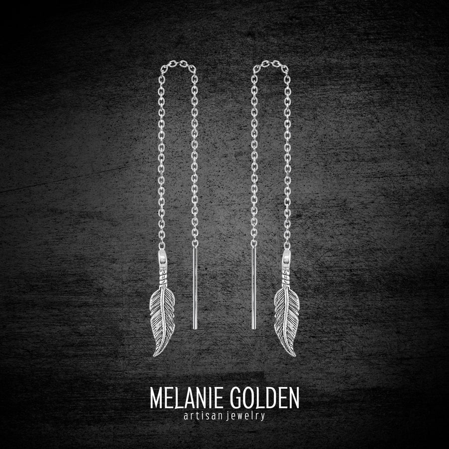 Feather Threader Chain Earrings - Melanie Golden Jewelry - dangle earrings, earrings, fauna, threader, threader earrings