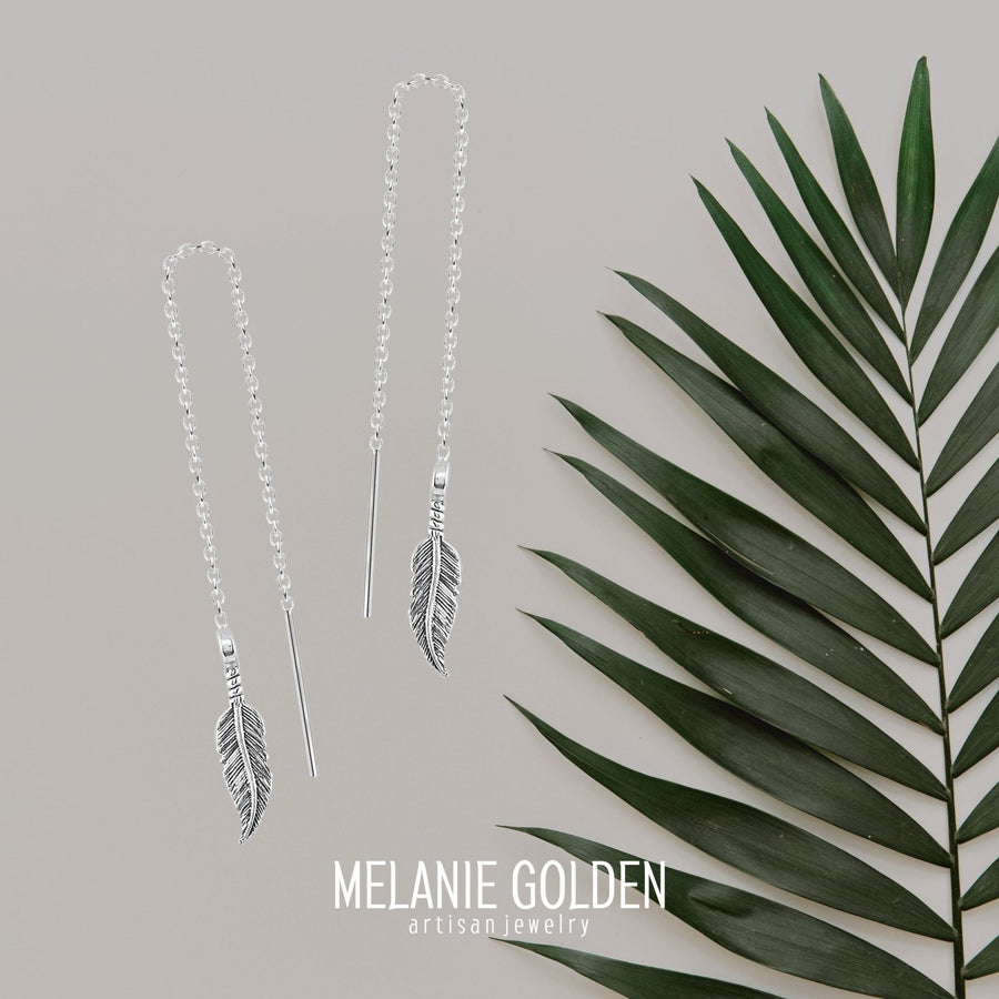 Feather Threader Chain Earrings - Melanie Golden Jewelry - dangle earrings, earrings, fauna, threader, threader earrings