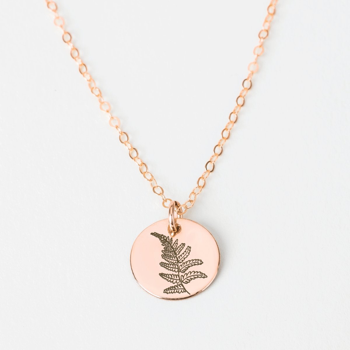 Fern Disc Necklace - Melanie Golden Jewelry - bridesmaid, disc necklaces, Engraved Jewelry, flora, minimal minimal necklace, minimal necklace, necklace, necklaces, personalized1, symbolic, wedding, wedding party