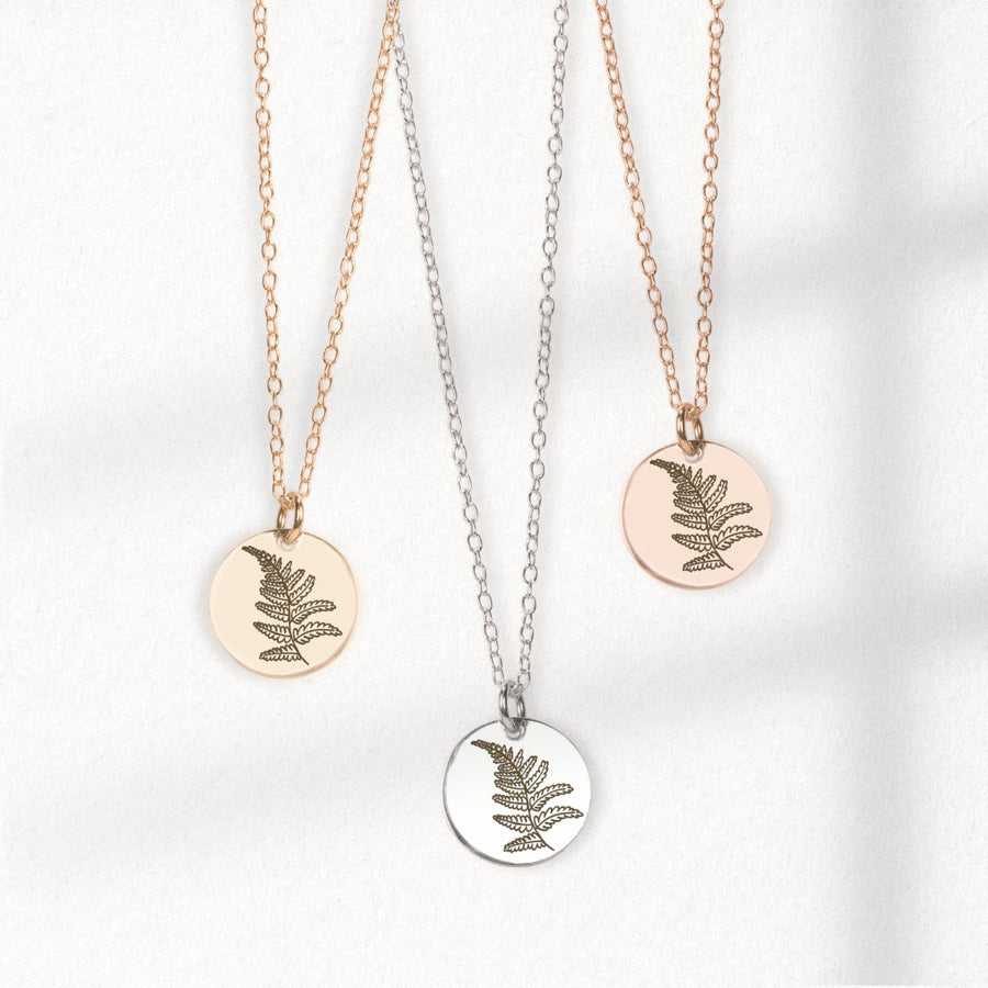 Fern Disc Necklace - Melanie Golden Jewelry - bridesmaid, disc necklaces, Engraved Jewelry, flora, minimal minimal necklace, minimal necklace, necklace, necklaces, personalized1, symbolic, wedding, wedding party