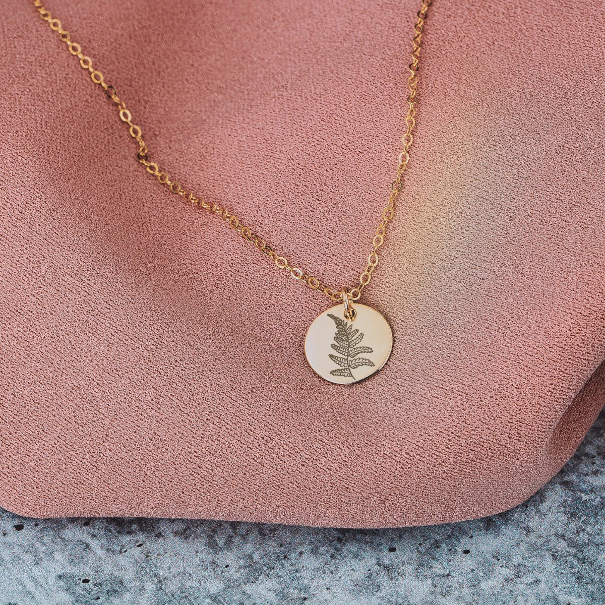 Fern Disc Necklace - Melanie Golden Jewelry - bridesmaid, disc necklaces, Engraved Jewelry, flora, minimal minimal necklace, minimal necklace, necklace, necklaces, personalized1, symbolic, wedding, wedding party