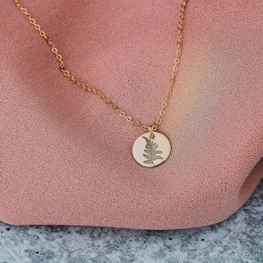 Fern Disc Necklace - Melanie Golden Jewelry - bridesmaid, disc necklaces, Engraved Jewelry, flora, minimal minimal necklace, minimal necklace, necklace, necklaces, personalized1, symbolic, wedding, wedding party
