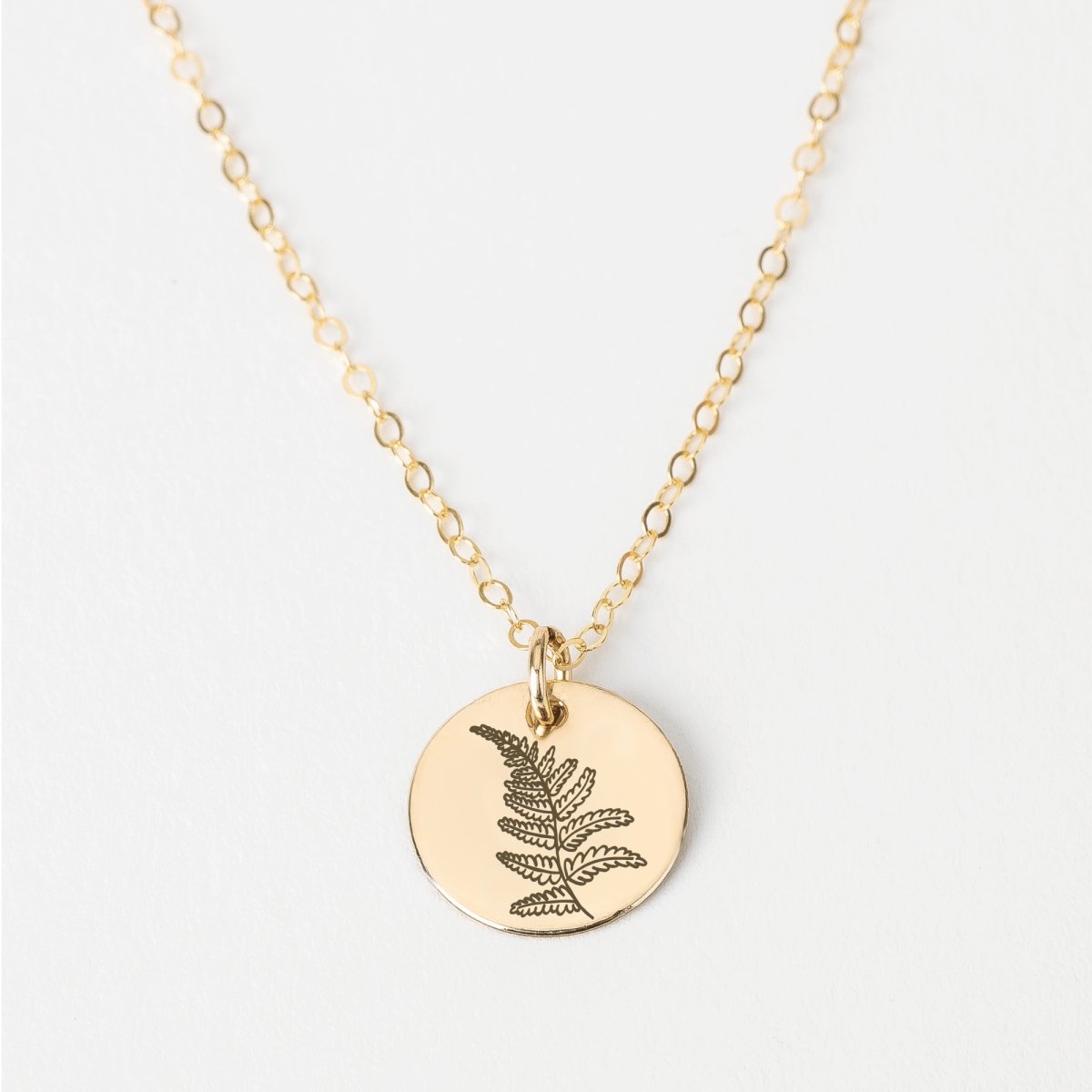 Fern Disc Necklace - Melanie Golden Jewelry - bridesmaid, disc necklaces, Engraved Jewelry, flora, minimal minimal necklace, minimal necklace, necklace, necklaces, personalized1, symbolic, wedding, wedding party