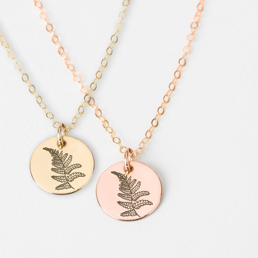 Fern Disc Necklace - Melanie Golden Jewelry - bridesmaid, disc necklaces, Engraved Jewelry, flora, minimal minimal necklace, minimal necklace, necklace, necklaces, personalized1, symbolic, wedding, wedding party