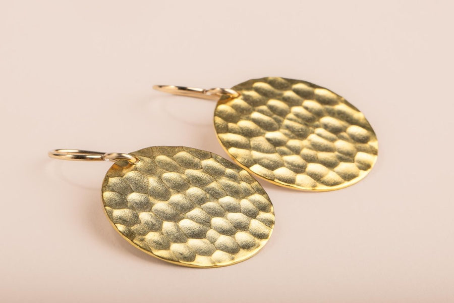 Gold Hammered Disc Dangle Earrings - Melanie Golden Jewelry - dangle earrings, earrings