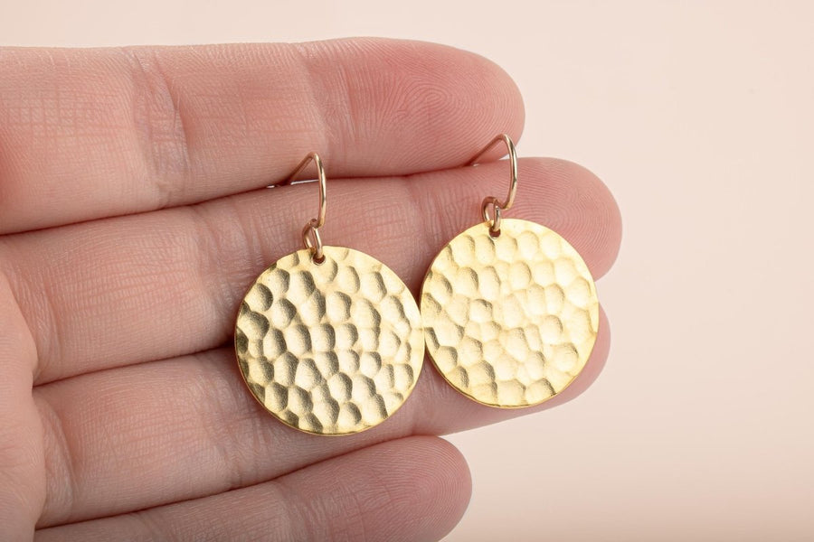 Gold Hammered Disc Dangle Earrings - Melanie Golden Jewelry - dangle earrings, earrings