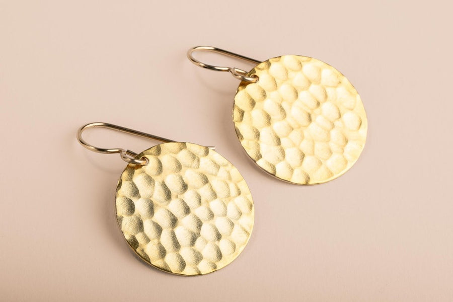 Gold Hammered Disc Dangle Earrings - Melanie Golden Jewelry - dangle earrings, earrings