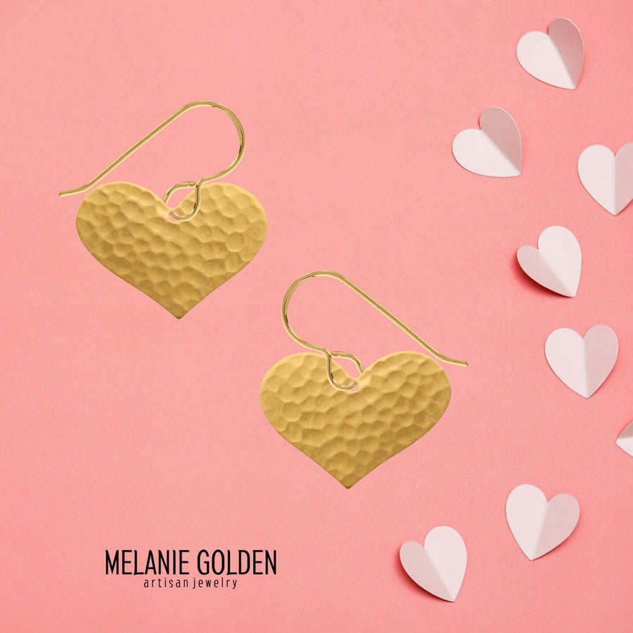 Gold Hammered Heart Dangle Earrings - Melanie Golden Jewelry - dangle earrings, earrings, love