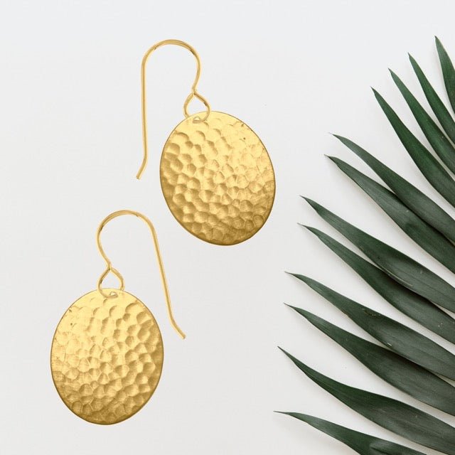 Gold Hammered Oval Dangle Earrings - Melanie Golden Jewelry
