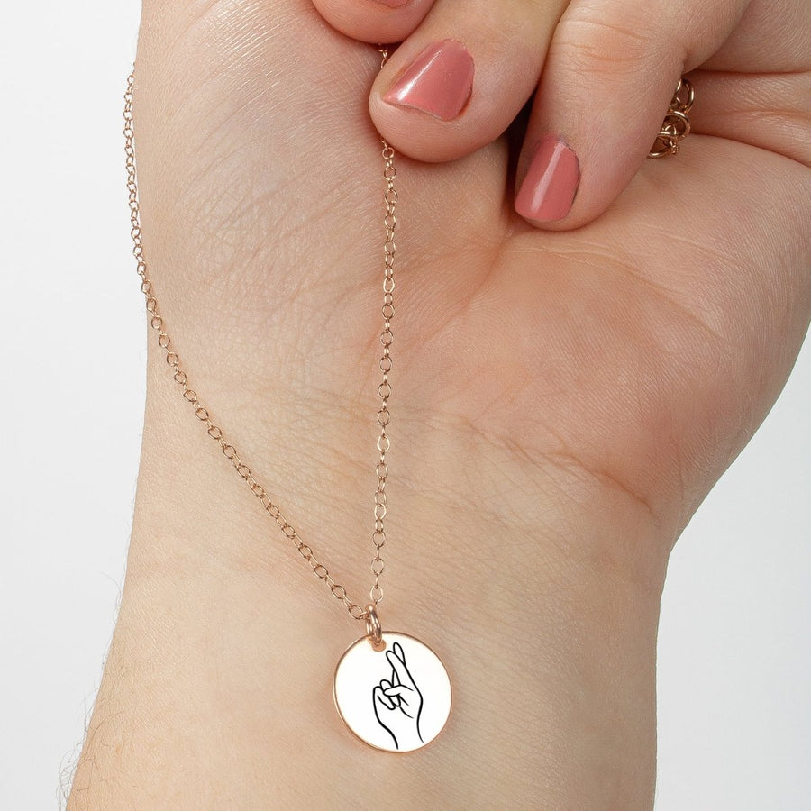 Hand Gesture Necklace - Melanie Golden Jewelry - _badge_new, bridal party, disc necklaces, engraved, love, necklace, new, pendant necklace, personalized, symbolic, wedding