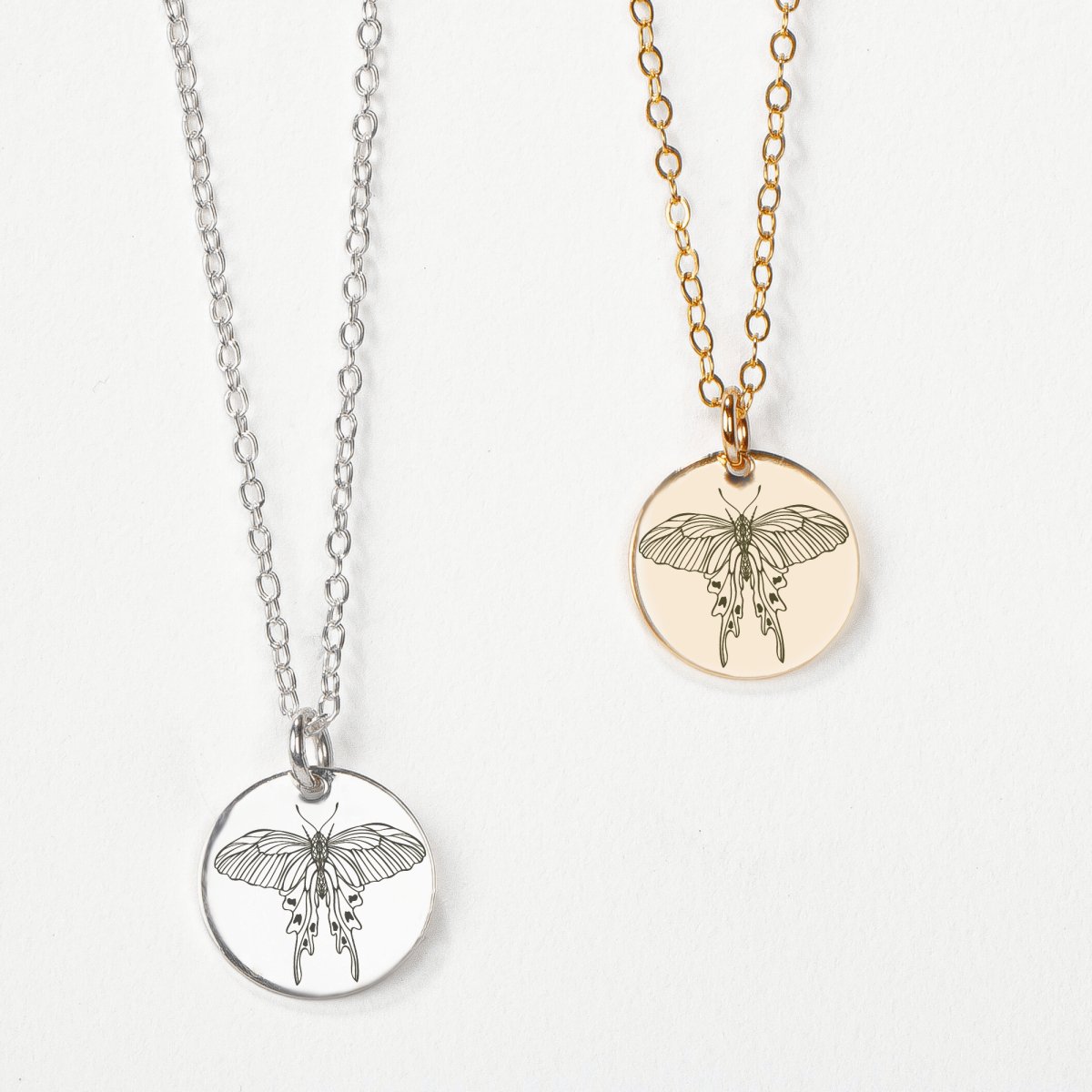 Luna Moth Disc Necklace - Melanie Golden Jewelry - disc necklaces, Engraved Jewelry, fauna, minimal minimal necklace, minimal necklace, mystic, necklace, necklaces, symbolic