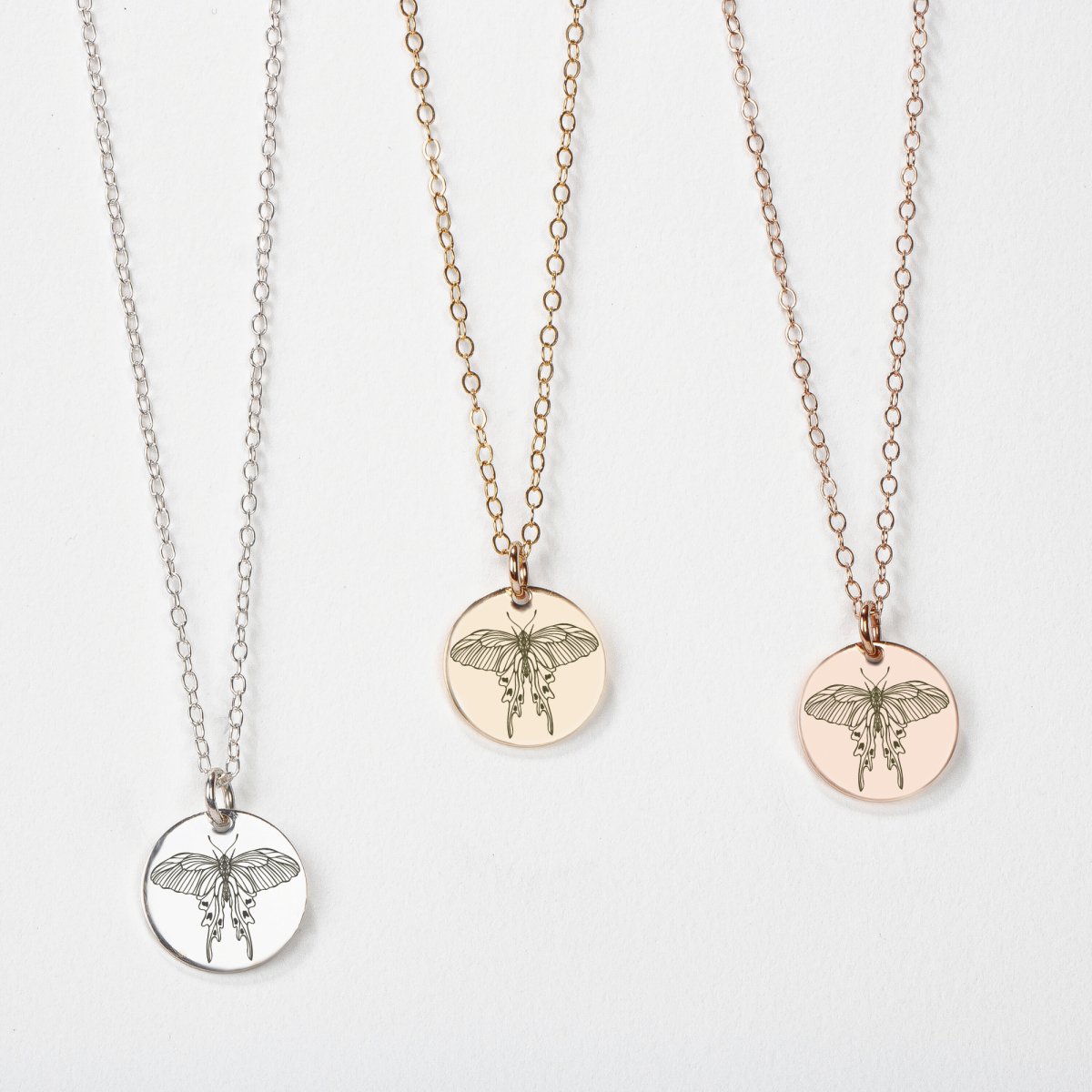 Luna Moth Disc Necklace - Melanie Golden Jewelry - disc necklaces, Engraved Jewelry, fauna, minimal minimal necklace, minimal necklace, mystic, necklace, necklaces, symbolic