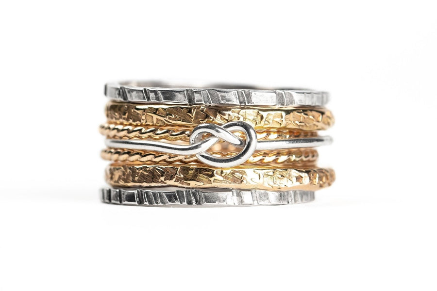 Mixed Metal Love Knot Stacking Rings Set Of 7 - Melanie Golden Jewelry - love, mixed metal, ring-size-choice, rings, stacking rings, VALENTINES