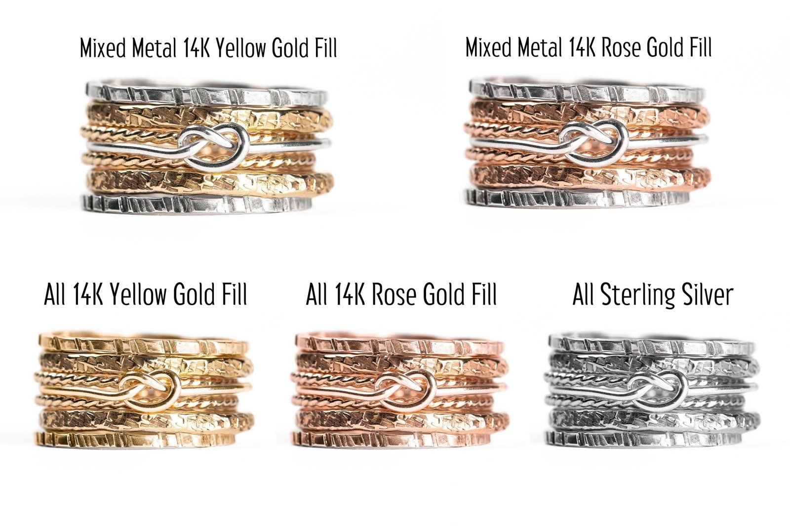 Mixed Metal Love Knot Stacking Rings Set Of 7 - Melanie Golden Jewelry - love, mixed metal, ring-size-choice, rings, stacking rings, VALENTINES