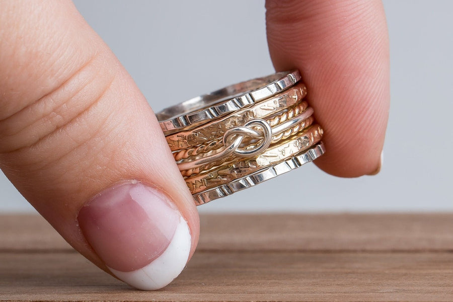 Mixed Metal Love Knot Stacking Rings Set Of 7 - Melanie Golden Jewelry - love, mixed metal, ring-size-choice, rings, stacking rings, VALENTINES